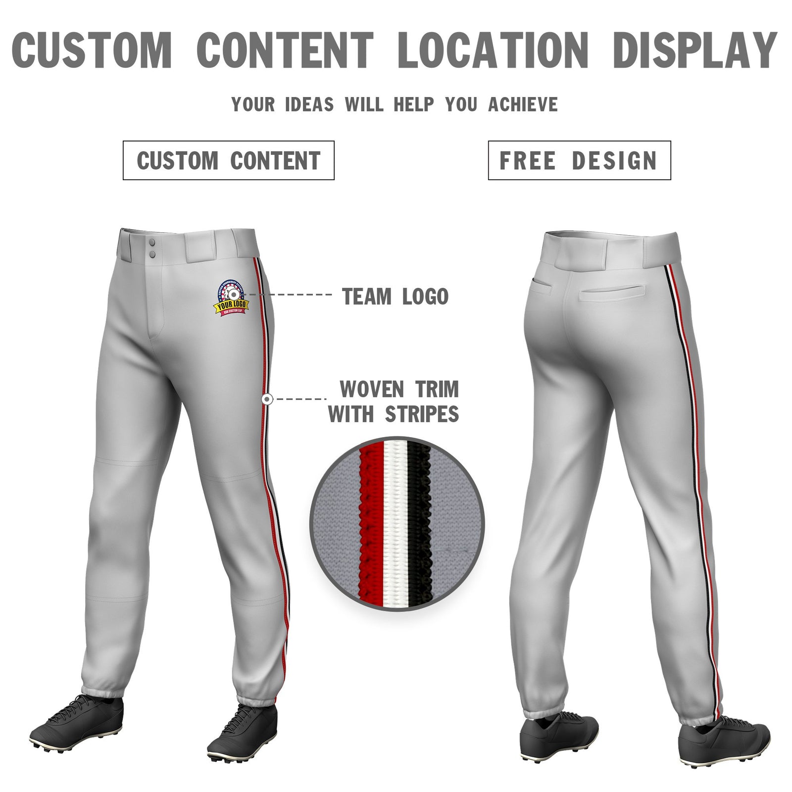 Custom Gray Red-White-Black Classic Fit Stretch Practice Pull-up Baseball Pants