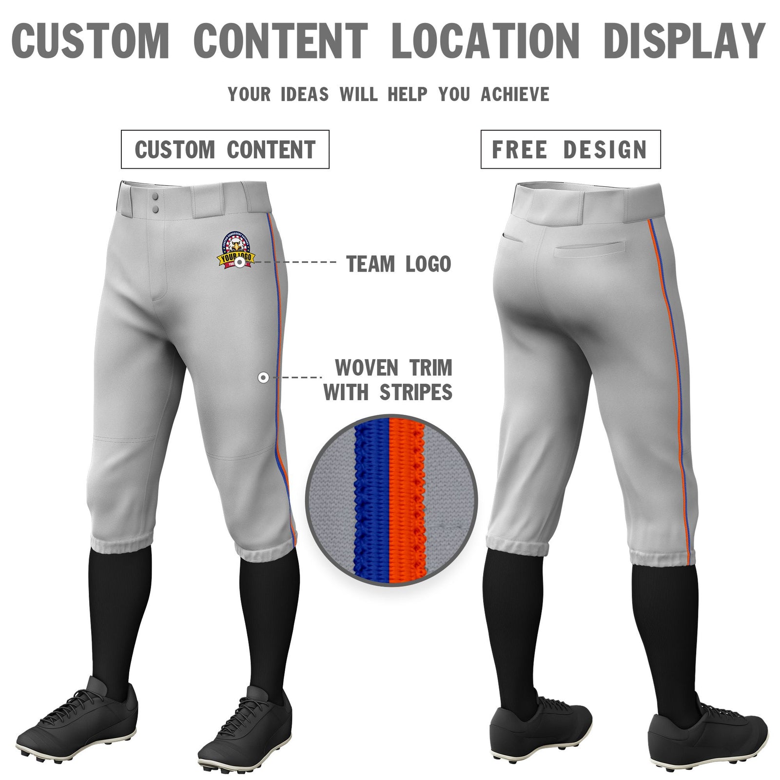 Custom Gray Royal Blue-Orange Classic Fit Stretch Practice Knickers Baseball Pants