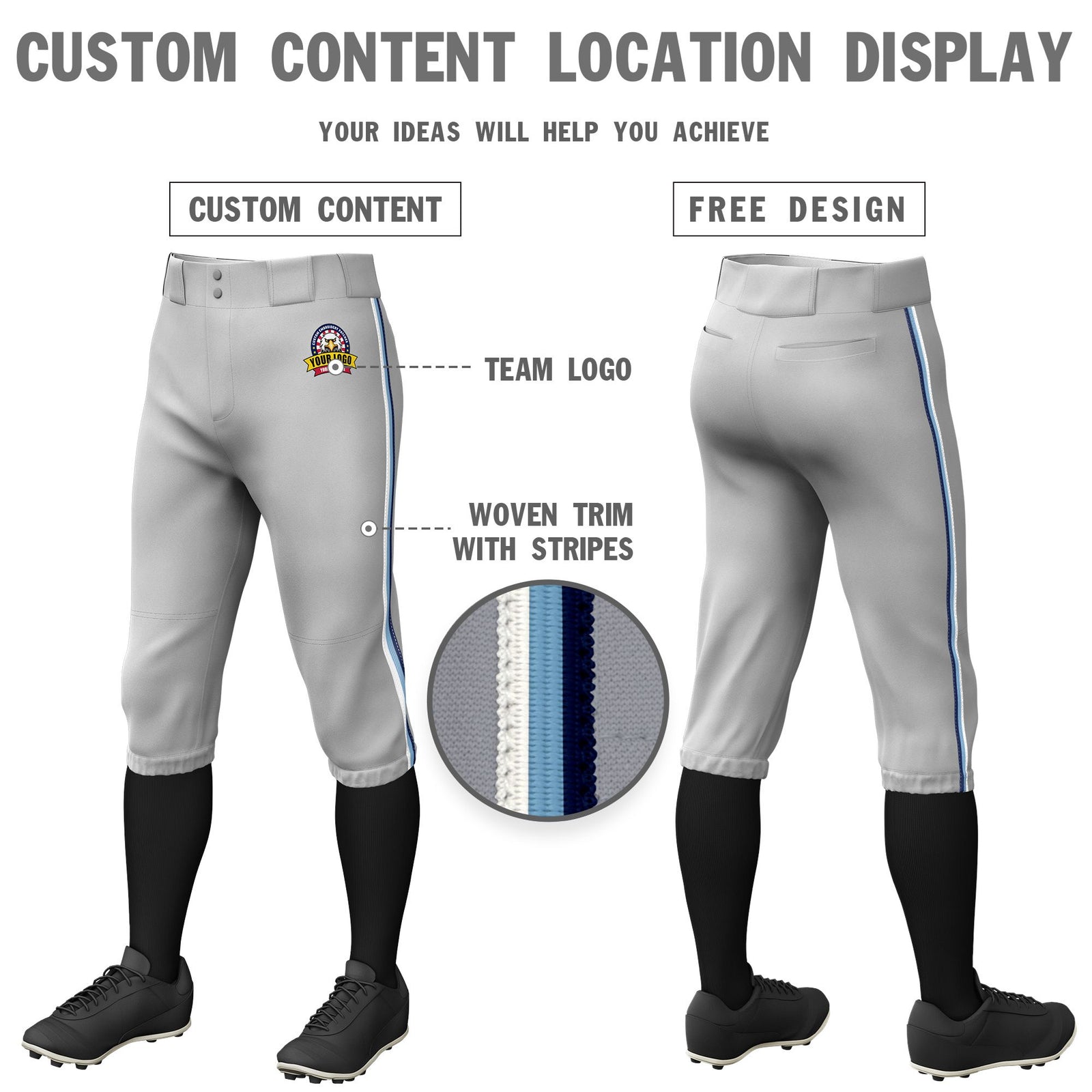 Custom Gray White-Light Blue-Navy Classic Fit Stretch Practice Knickers Baseball Pants