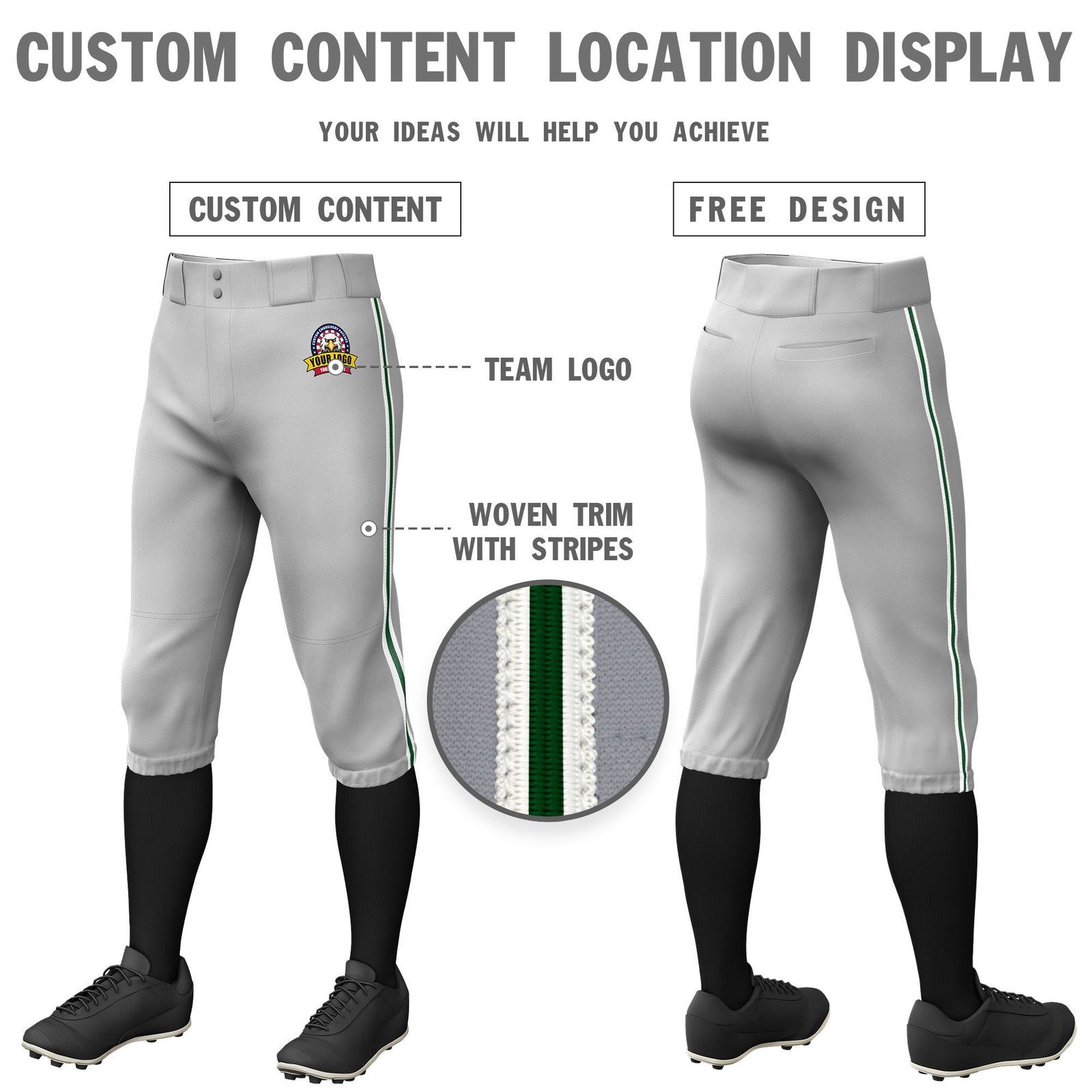 Custom Gray White-Green-White Classic Fit Stretch Practice Knickers Baseball Pants