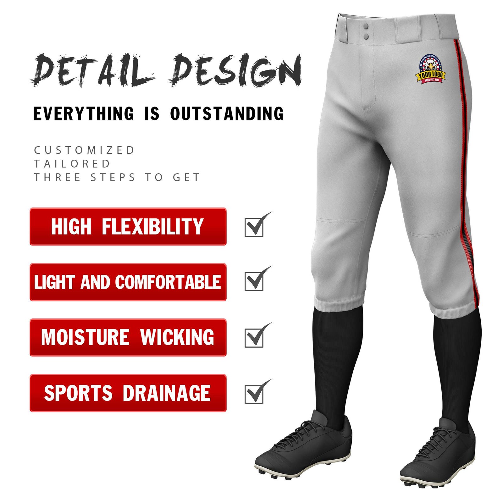 Custom Gray Red-Black-Red Classic Fit Stretch Practice Knickers Baseball Pants