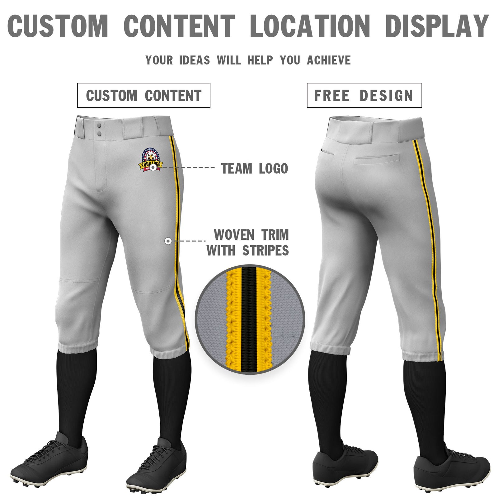 Custom Gray Gold01-Black-Gold01 Classic Fit Stretch Practice Knickers Baseball Pants