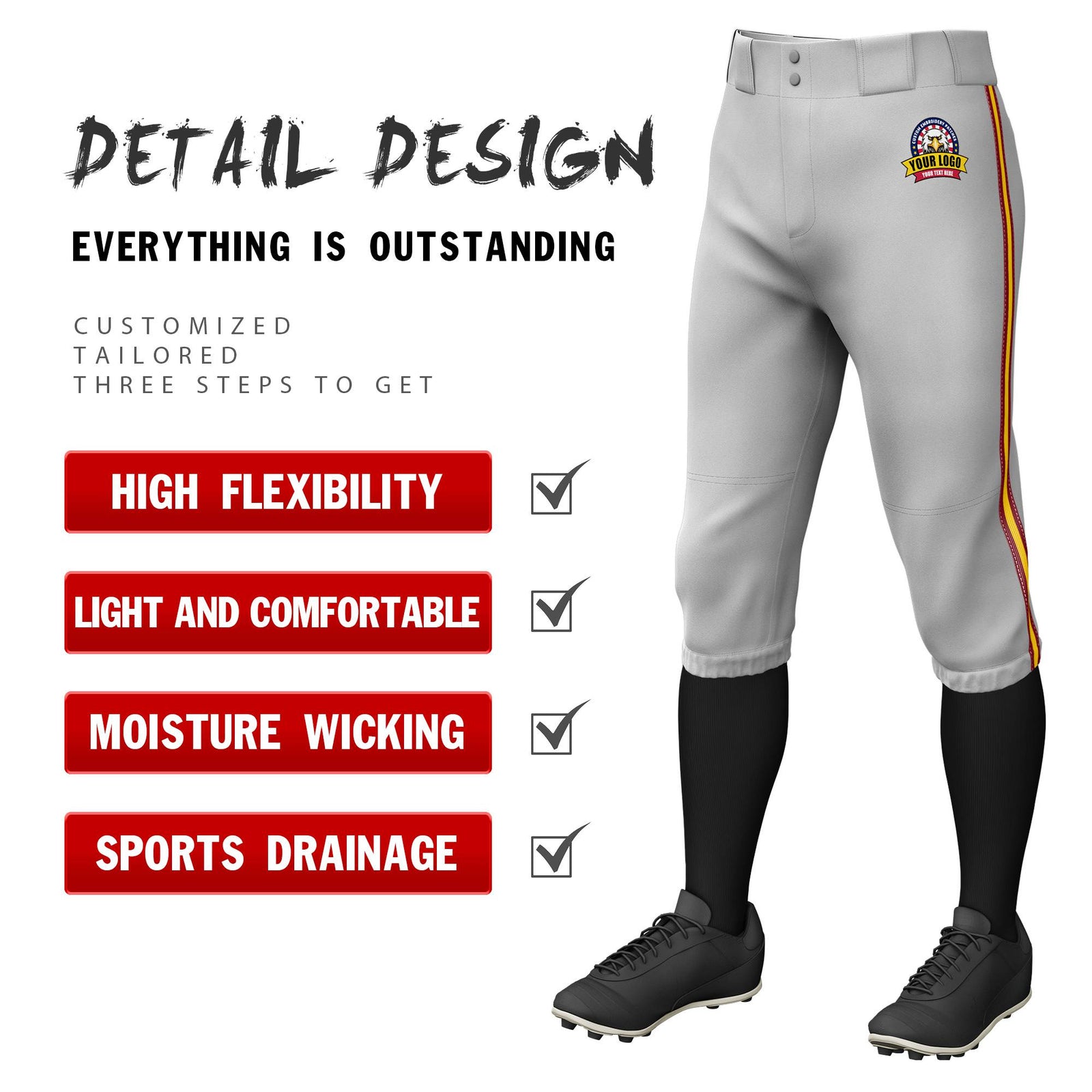 Custom Gray Red-Gold01-Red Classic Fit Stretch Practice Knickers Baseball Pants