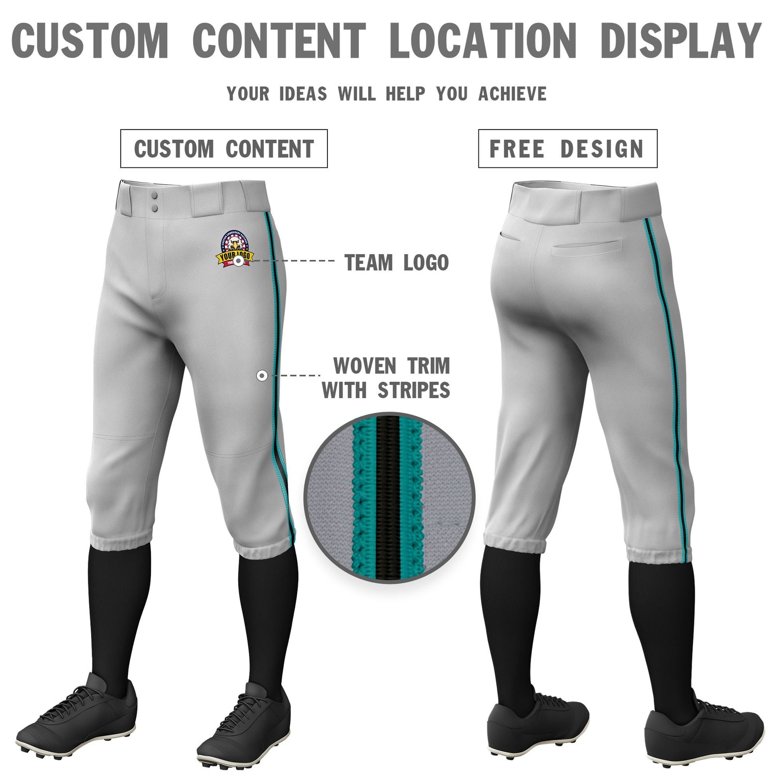 Custom Gray Aqua-Black-Aqua Classic Fit Stretch Practice Knickers Baseball Pants