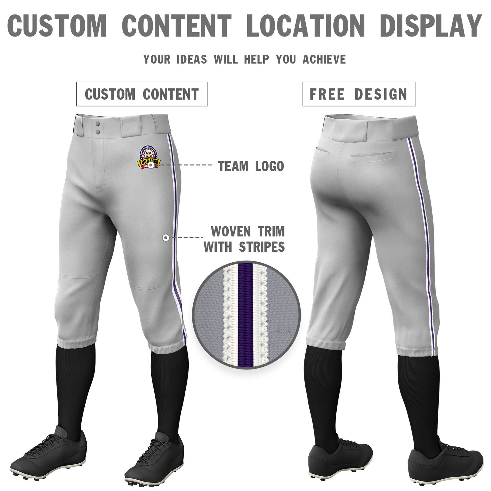 Custom Gray White-Purple-White Classic Fit Stretch Practice Knickers Baseball Pants