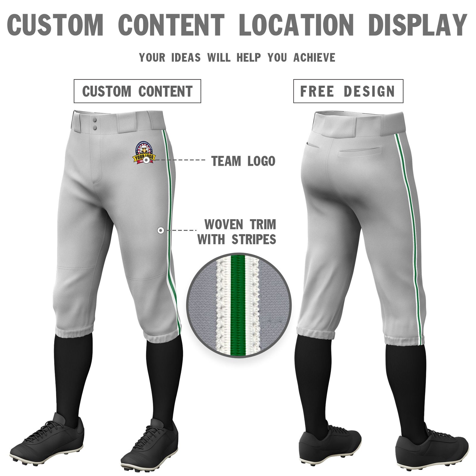 Custom Gray White-Kelly Green-White Classic Fit Stretch Practice Knickers Baseball Pants