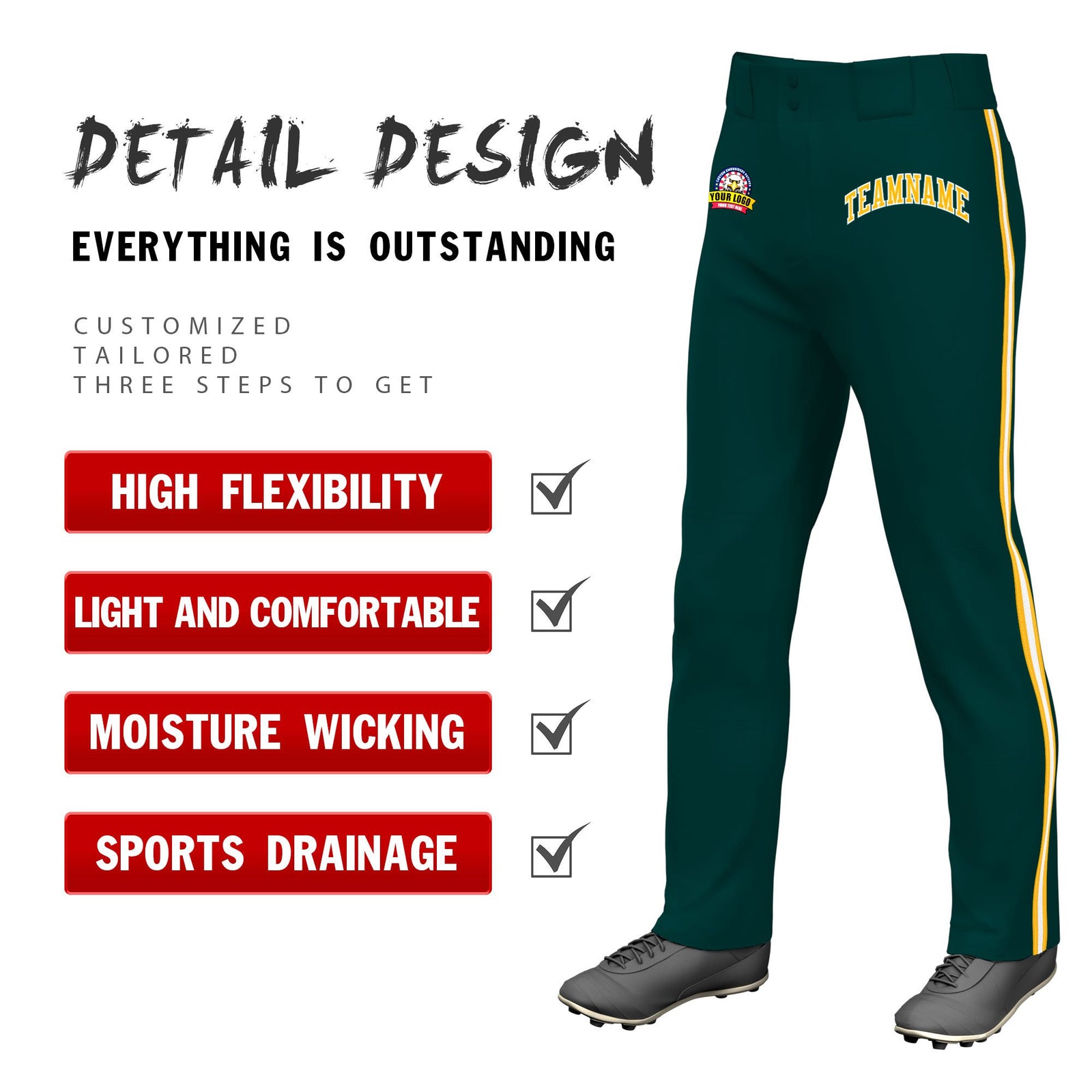 Custom Midnight Green Gold01 White-Gold01 Classic Fit Stretch Practice Loose-fit Baseball Pants
