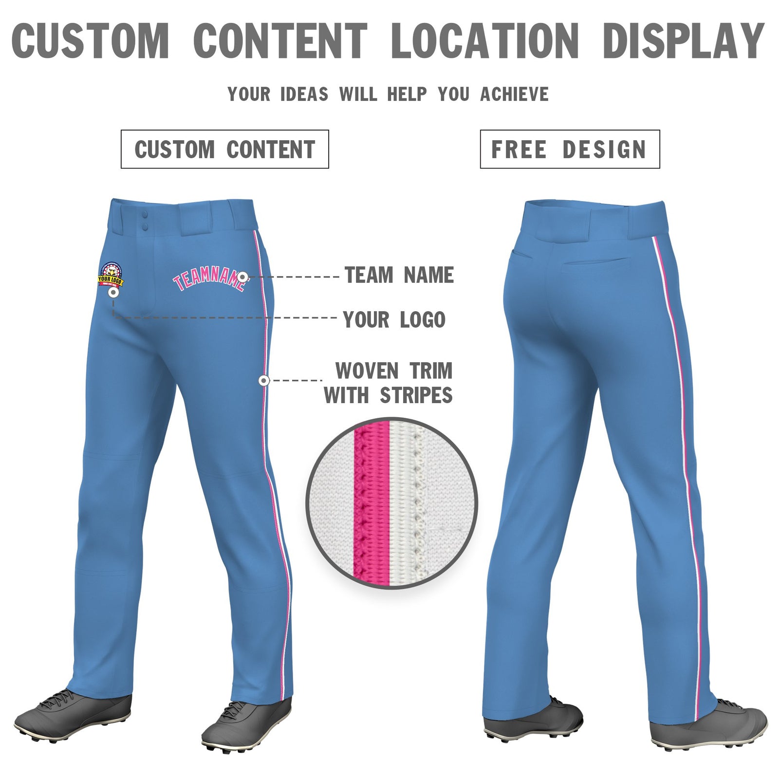 Custom Light Blue Pink White-Pink Classic Fit Stretch Practice Loose-fit Baseball Pants