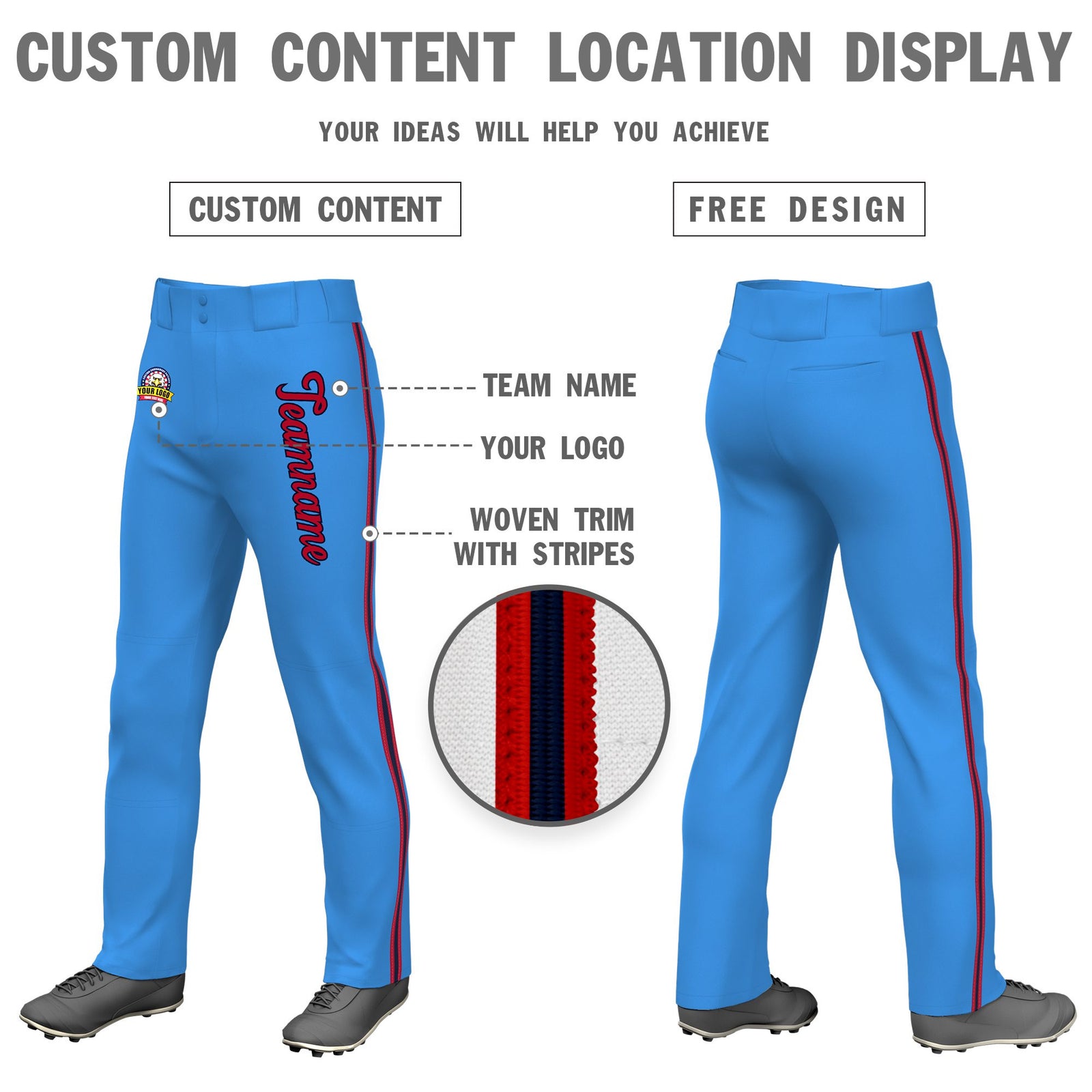 Custom Powder Blue Red Navy-Red Classic Fit Stretch Practice Loose-fit Baseball Pants