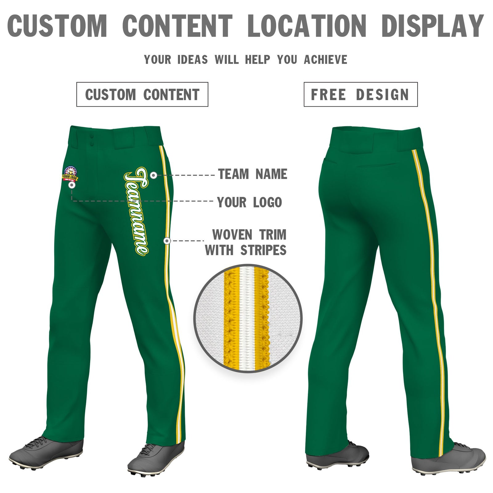 Custom Kelly Green Gold01 White-Gold01 Classic Fit Stretch Practice Loose-fit Baseball Pants