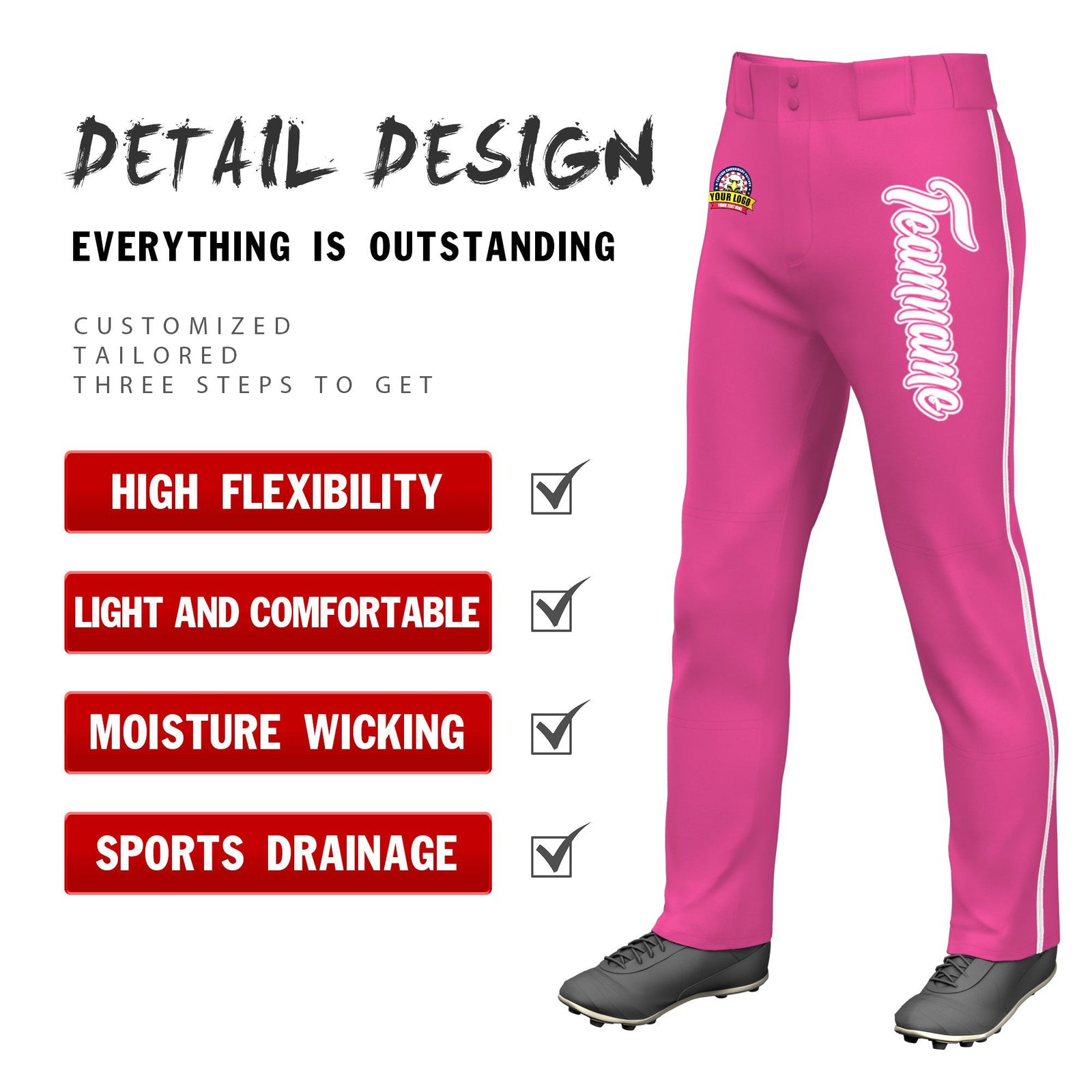 Custom Pink White Classic Fit Stretch Practice Loose-fit Baseball Pants
