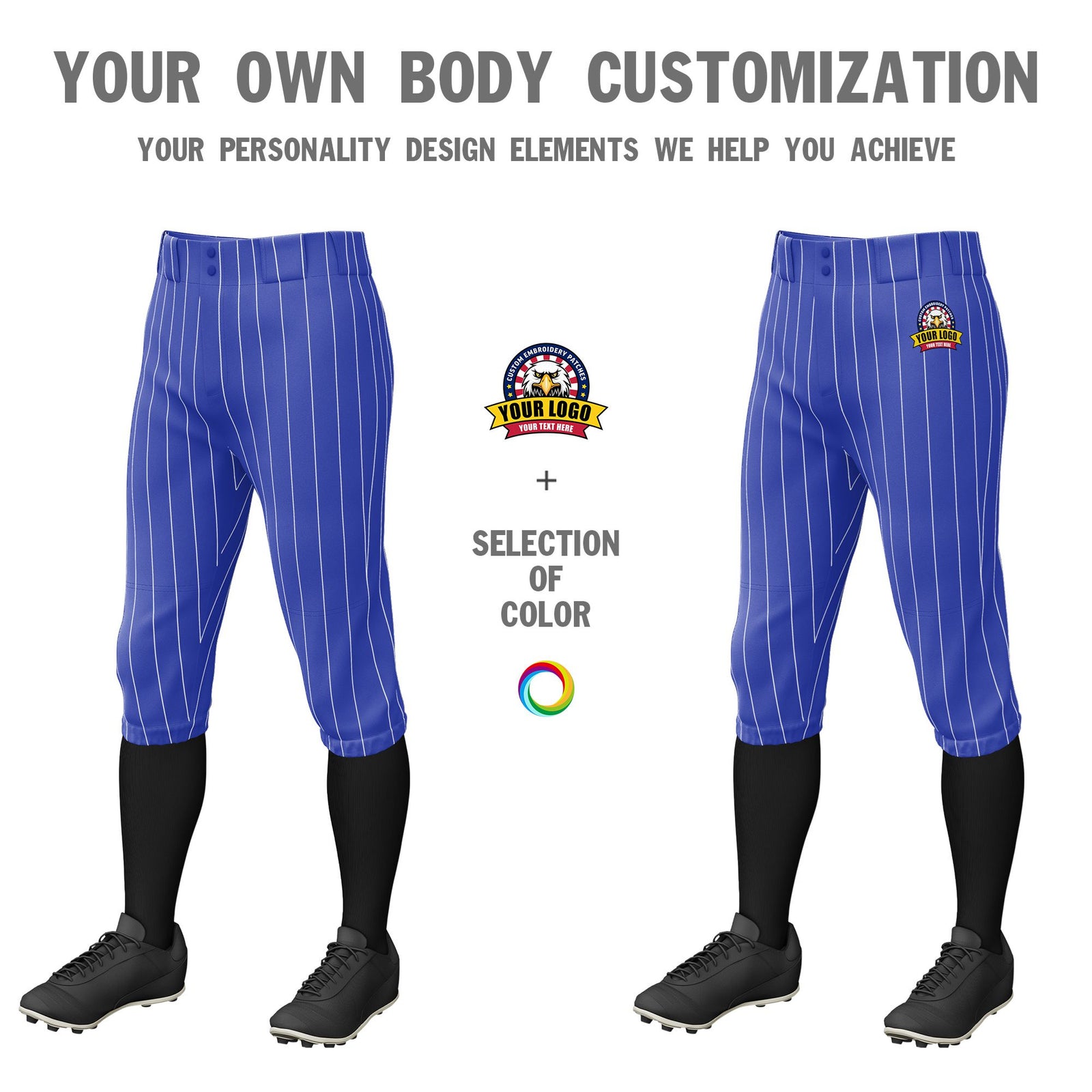 Custom Royal Blue White Pinstripe Fit Stretch Practice Knickers Baseball Pants