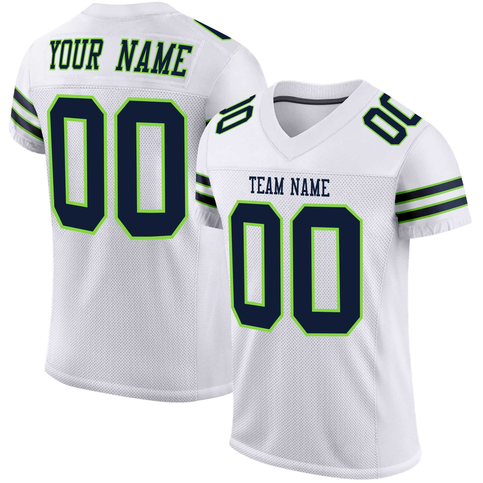 Custom White Navy-Neon Green Mesh Authentic Football Jersey