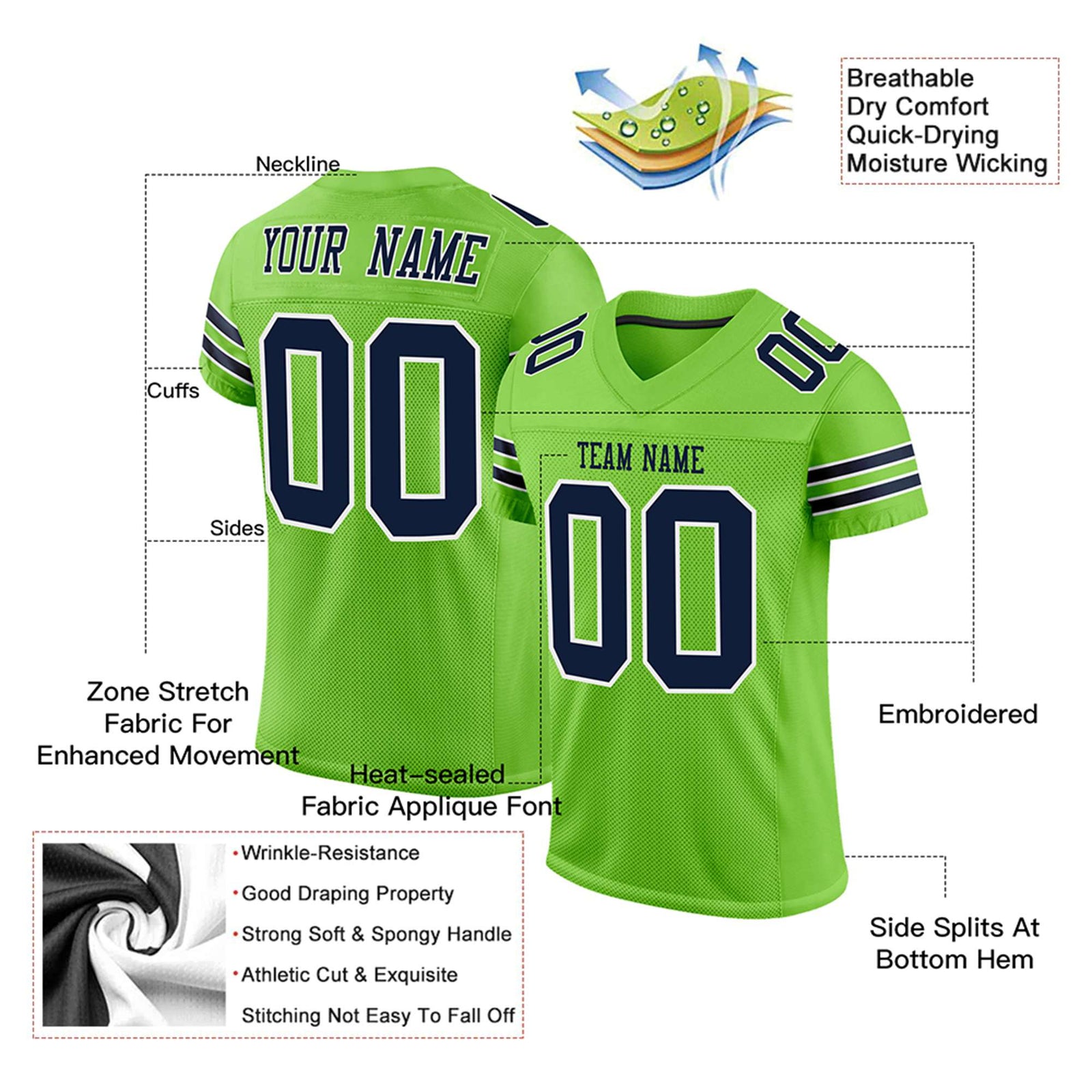 Custom Neon-Green Navy-White Mesh Authentic Football Jersey