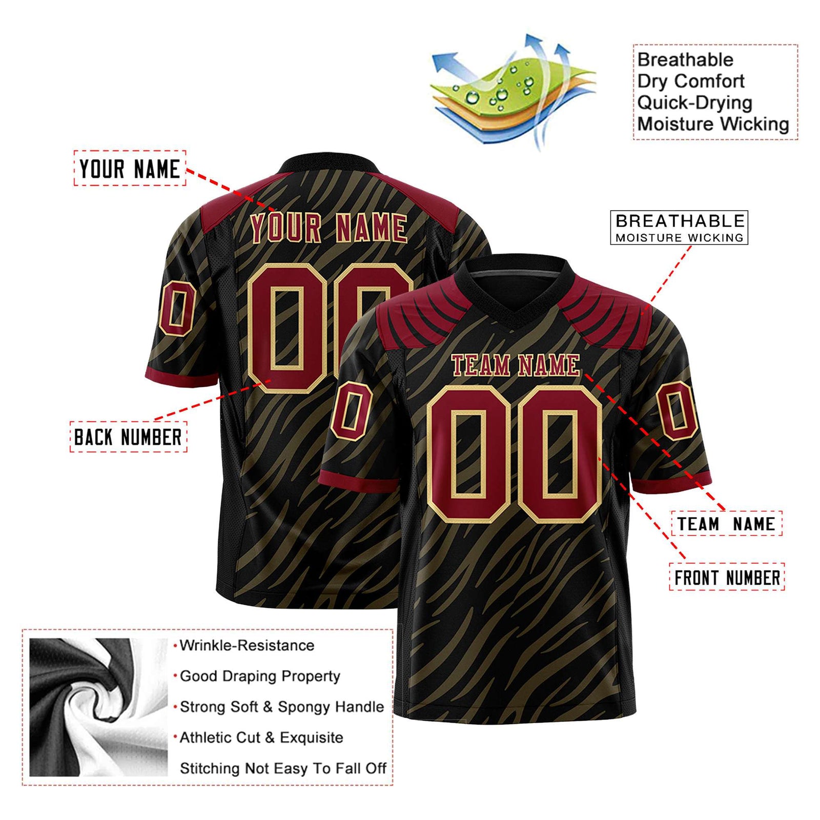 Custom Black Old Gold Personalized Tiger Stripe Graffiti Pattern Authentic Football Jersey