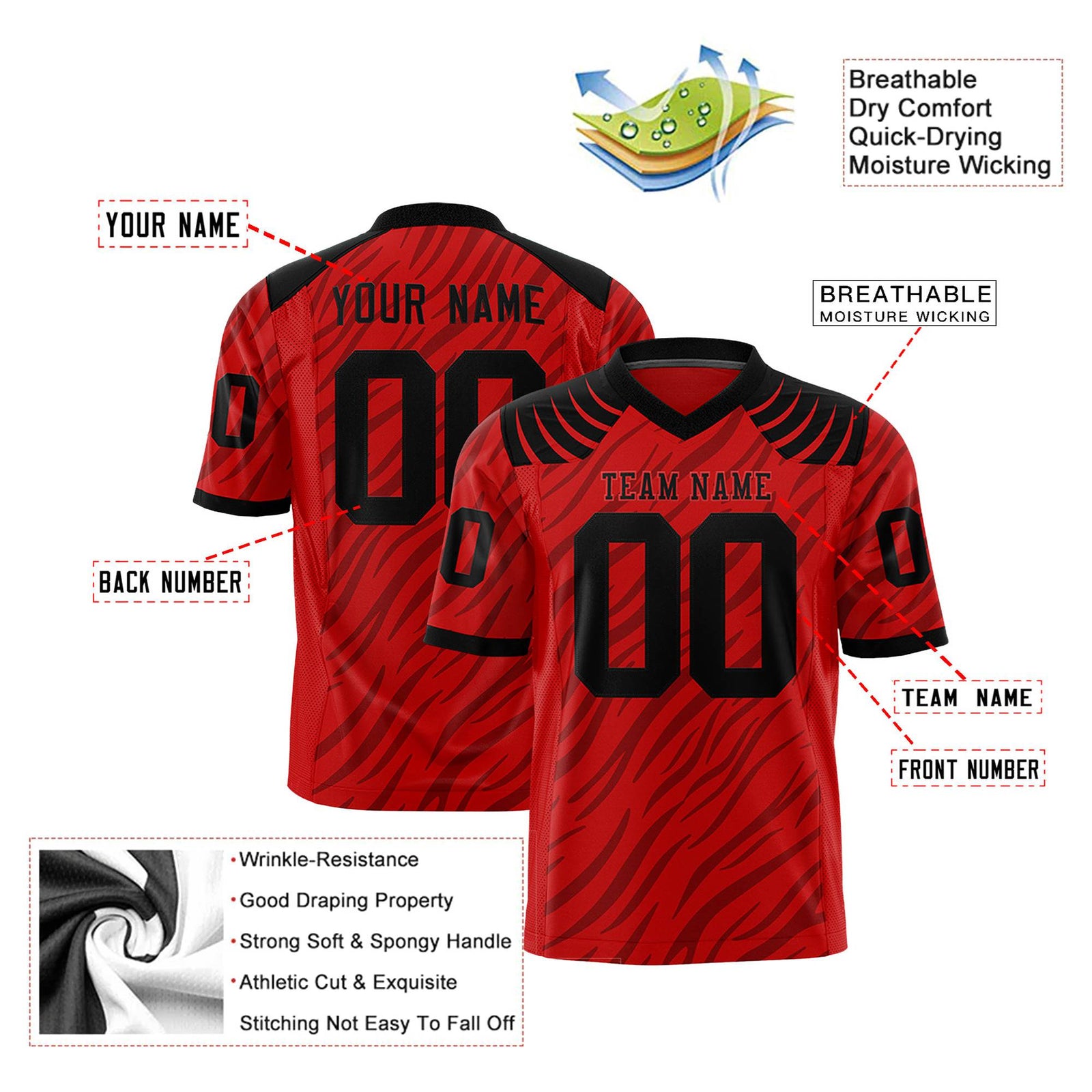 Custom Red Dark Gray Personalized Tiger Stripe Graffiti Pattern Authentic Football Jersey