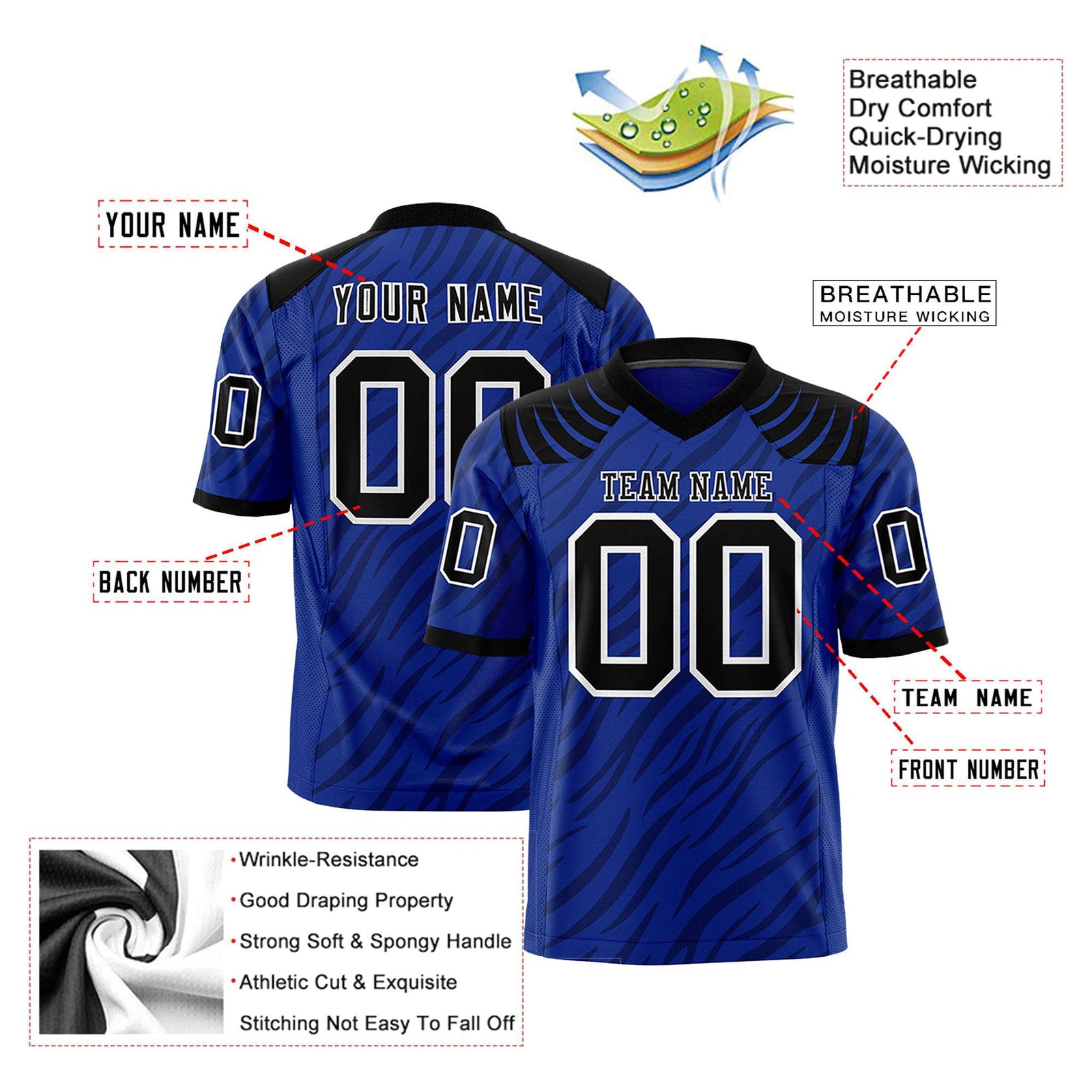 Custom Royal Blue Dark Gray Personalized Tiger Stripe Graffiti Pattern Authentic Football Jersey