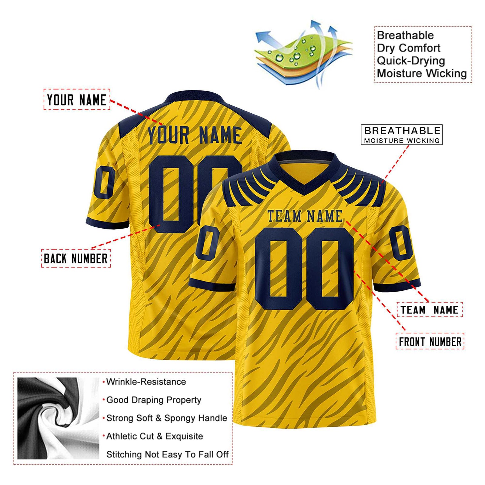 Custom Yellow Gray Personalized Tiger Stripe Graffiti Pattern Authentic Football Jersey