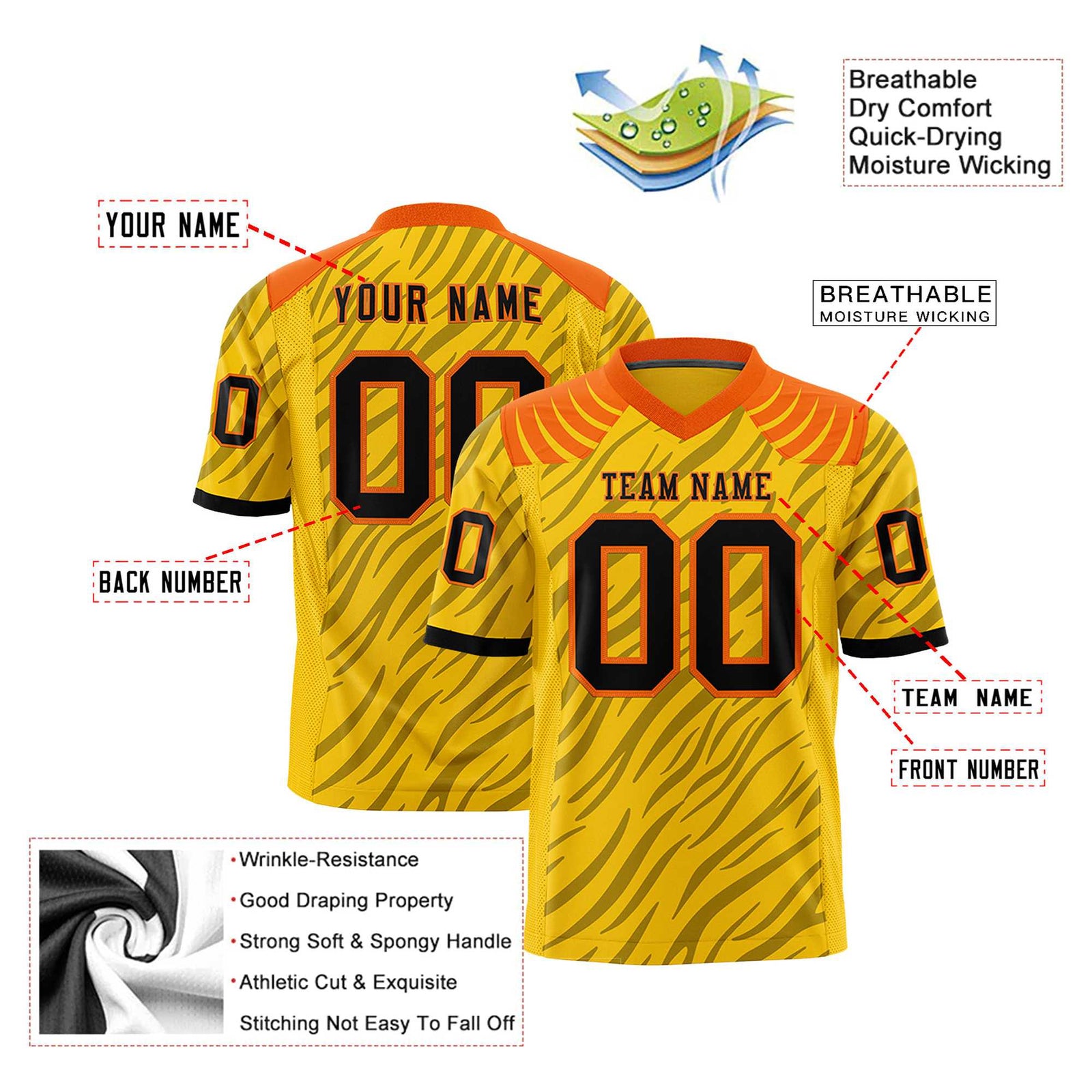 Custom Yellow Gray Personalized Tiger Stripe Graffiti Pattern Authentic Football Jersey