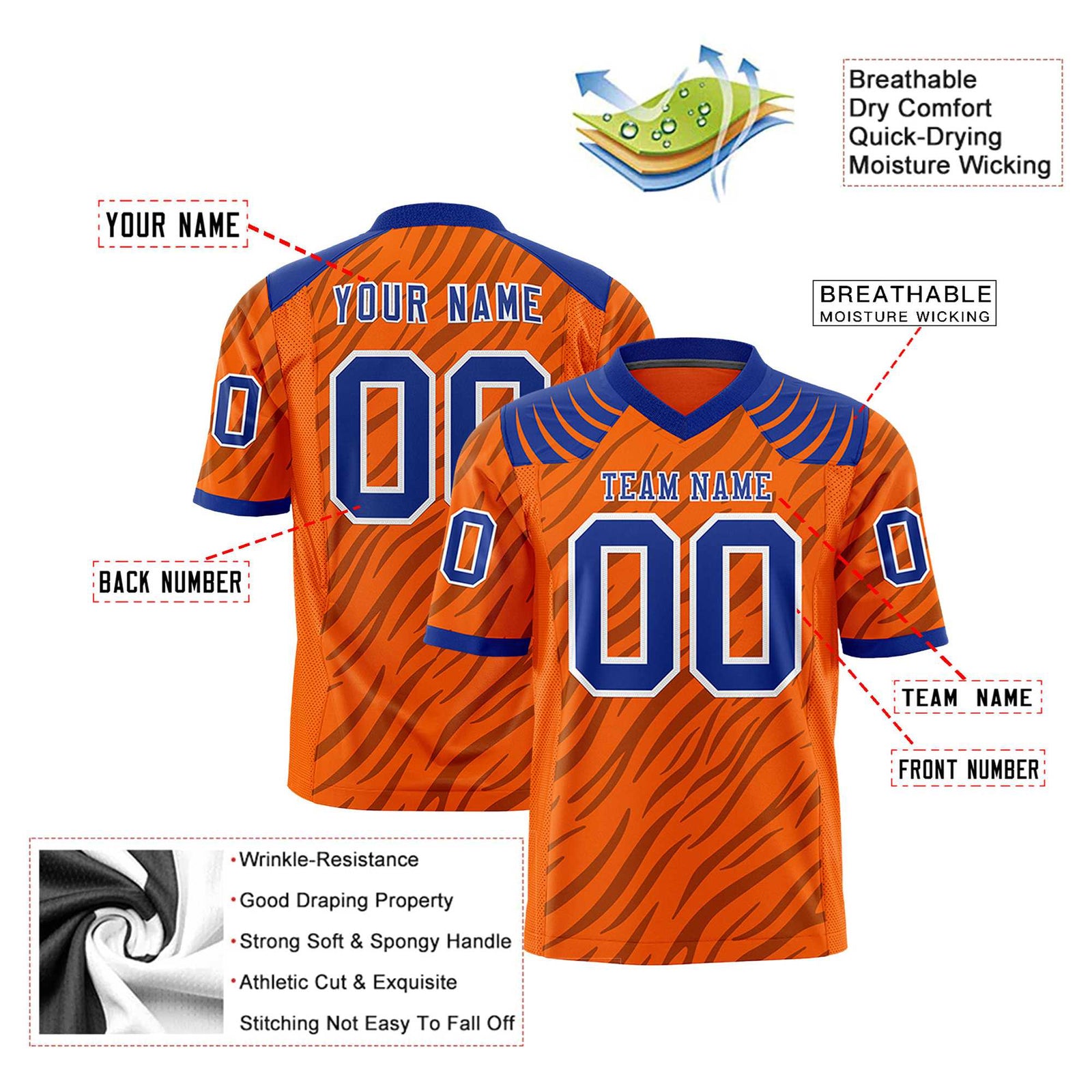 Custom Orange Gray Personalized Tiger Stripe Graffiti Pattern Authentic Football Jersey