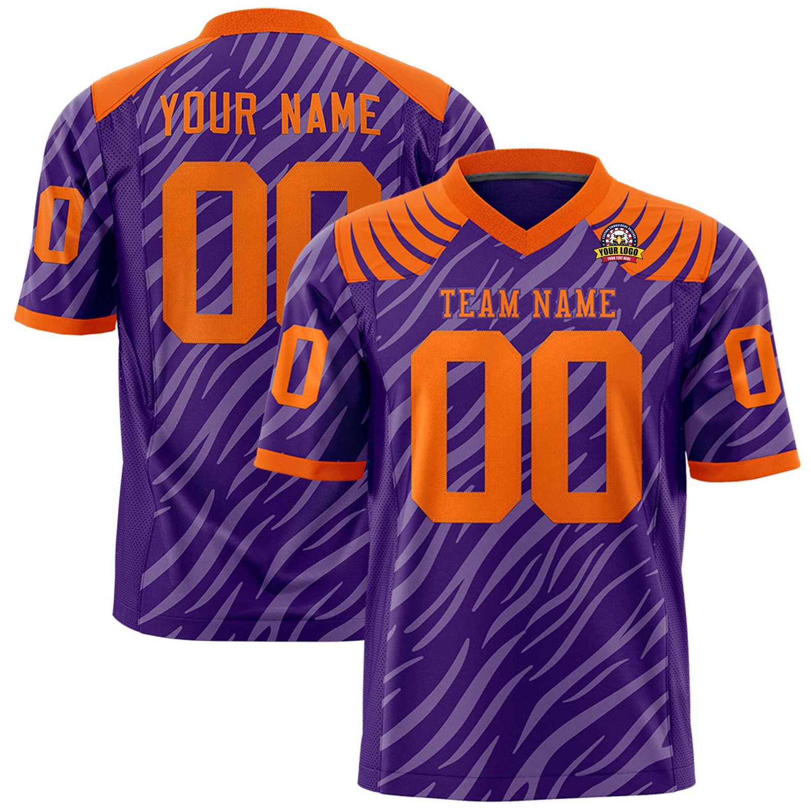 Custom Purple Orange Personalized Tiger Stripe Graffiti Pattern Authentic Football Jersey