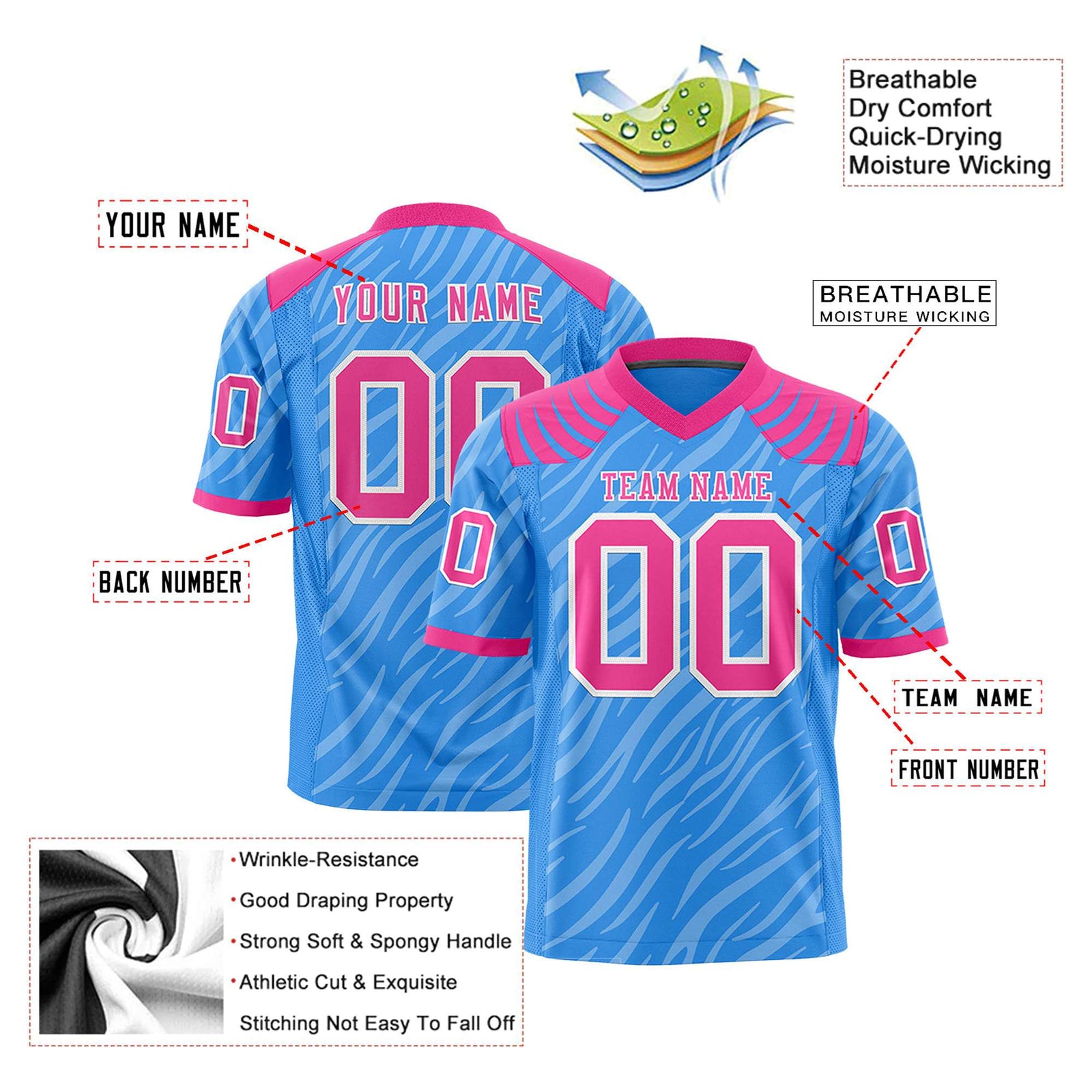 Custom Powder Blue Pink Personalized Tiger Stripe Graffiti Pattern Authentic Football Jersey