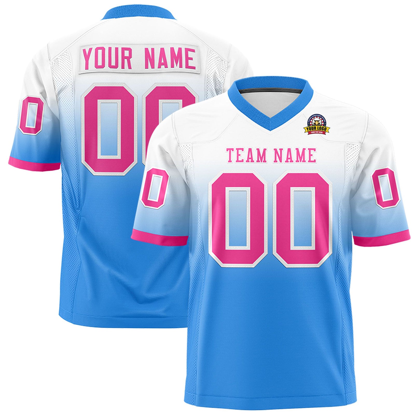 Custom White-Powder Blue-Pink Gradient Fashion Mesh Authentic Football Jersey