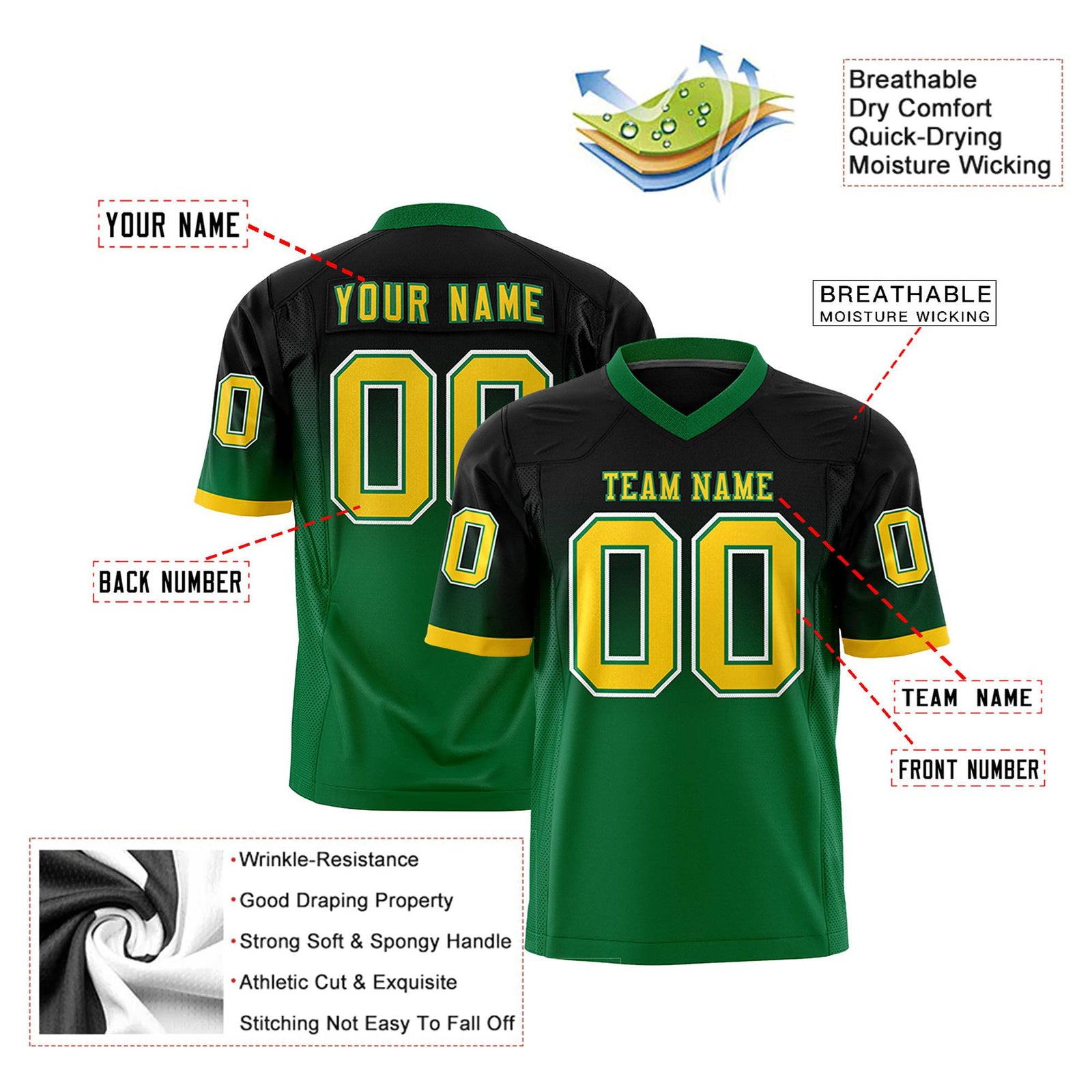 Custom Black Kelly Green-Gold Gradient Fashion Mesh Authentic Football Jersey