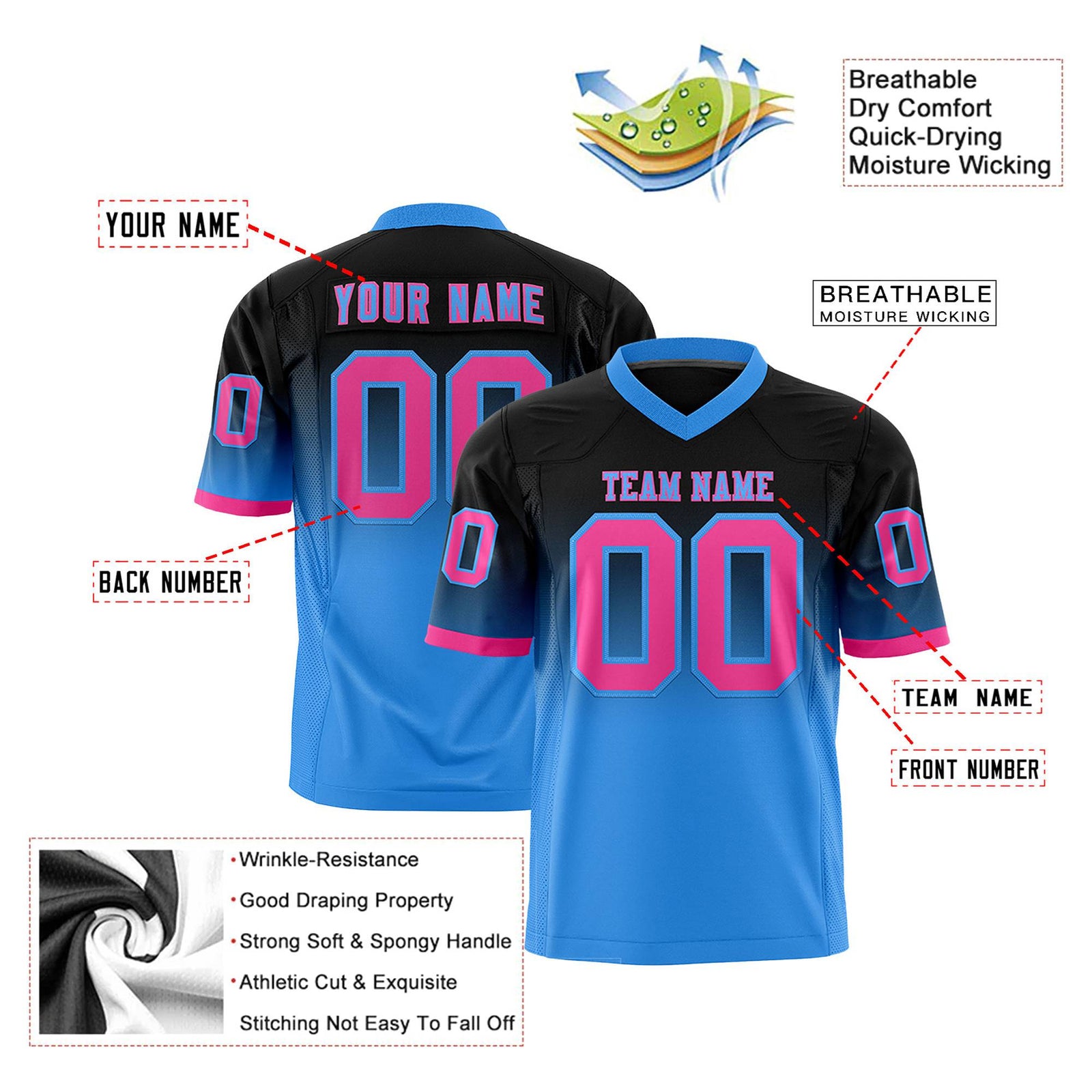 Custom Black Powder Blue-Pink Gradient Fashion Mesh Authentic Football Jersey