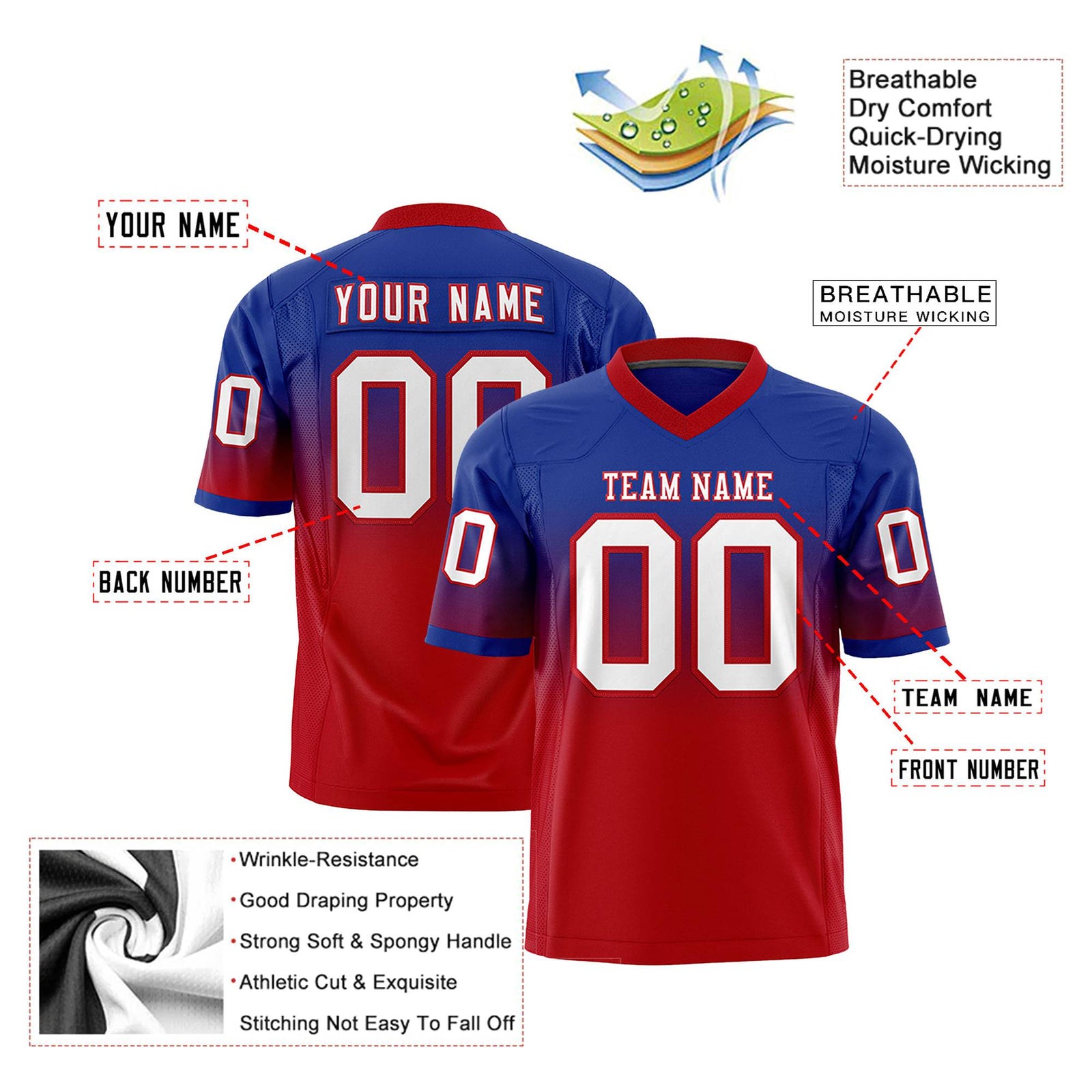 Custom Royal Blue Red-White Gradient Fashion Mesh Authentic Football Jersey