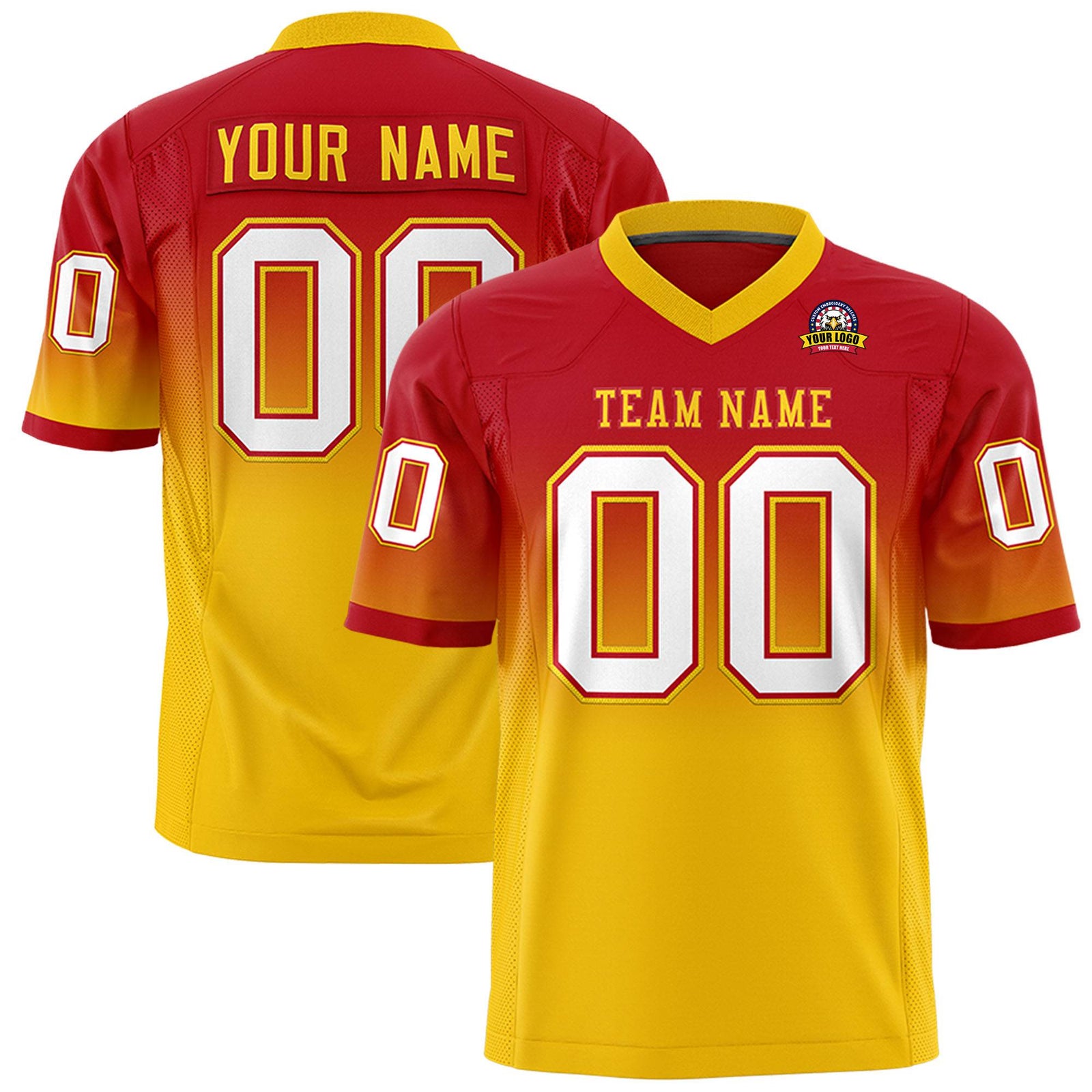 Custom Red Gold White Gradient Fashion Mesh Authentic Football Jersey