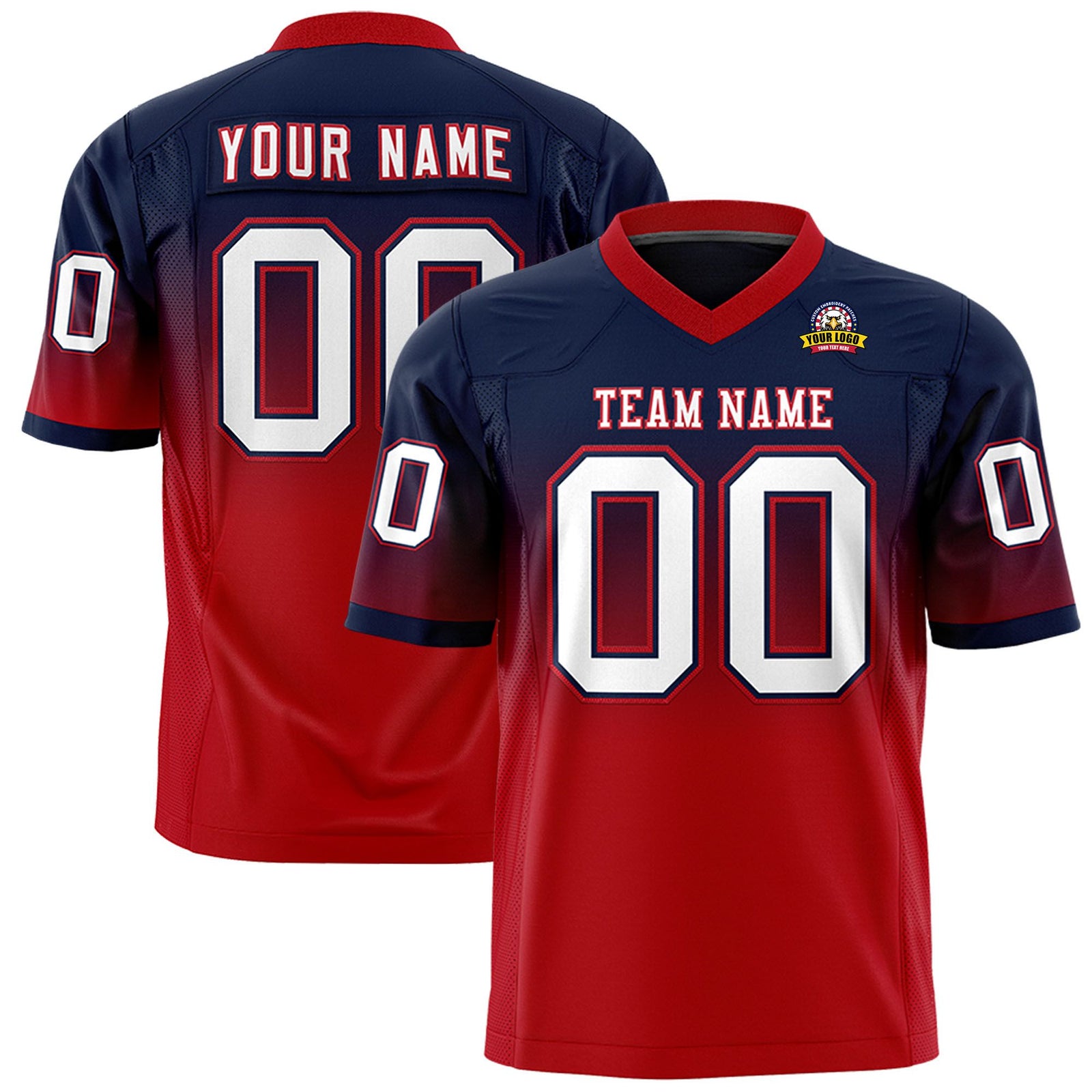 Custom Navy Red-White Gradient Fashion Mesh Authentic Football Jersey
