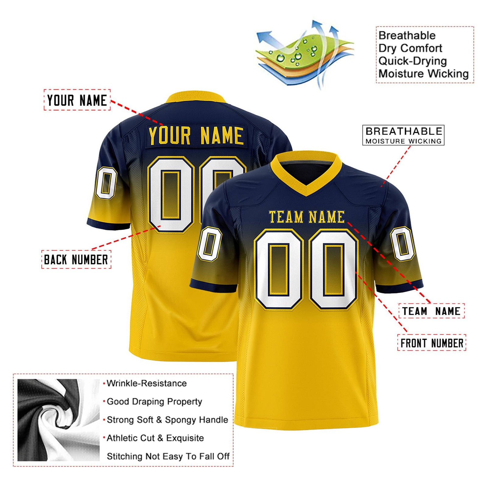 Custom Navy Gold-White Gradient Fashion Mesh Authentic Football Jersey