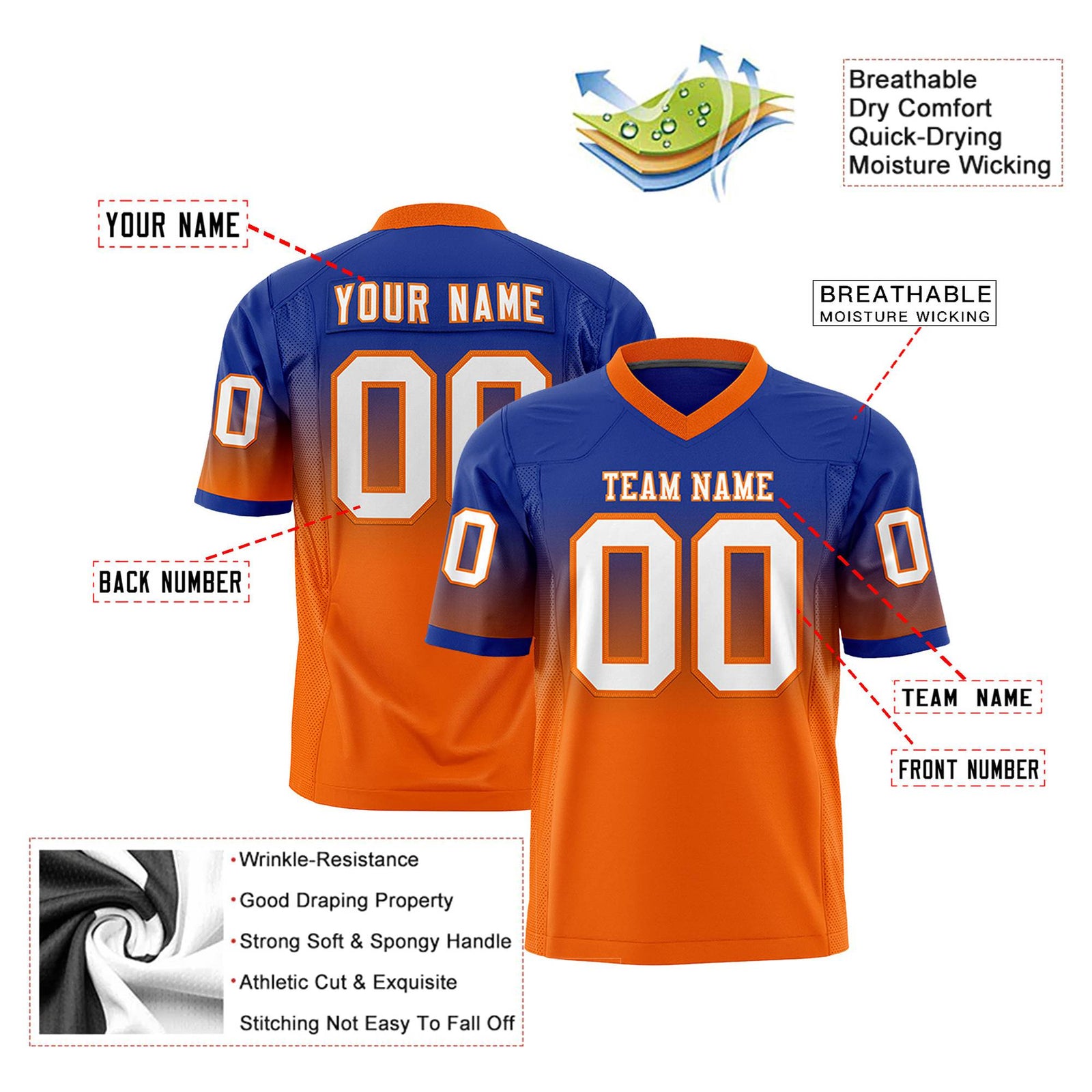 Custom Royal Blue Orange-White Gradient Fashion Mesh Authentic Football Jersey