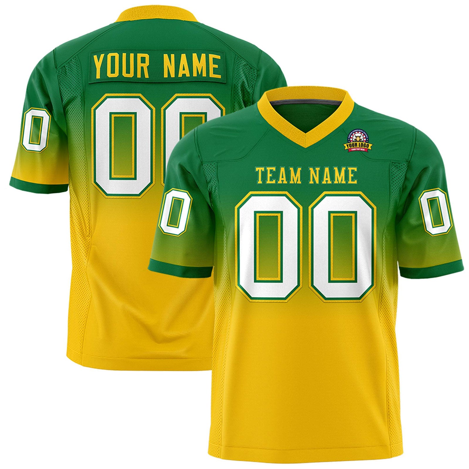 Custom Kelly Green Gold-White Gradient Fashion Mesh Authentic Football Jersey