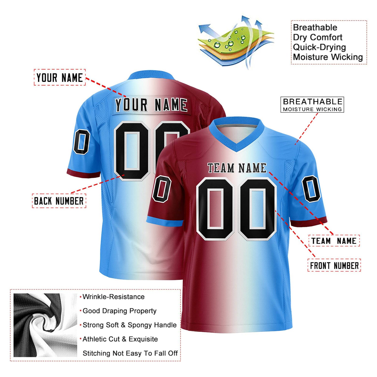 Custom Crimson White-Powder Blue Personalized Gradient Fashion Authentic Football Jersey