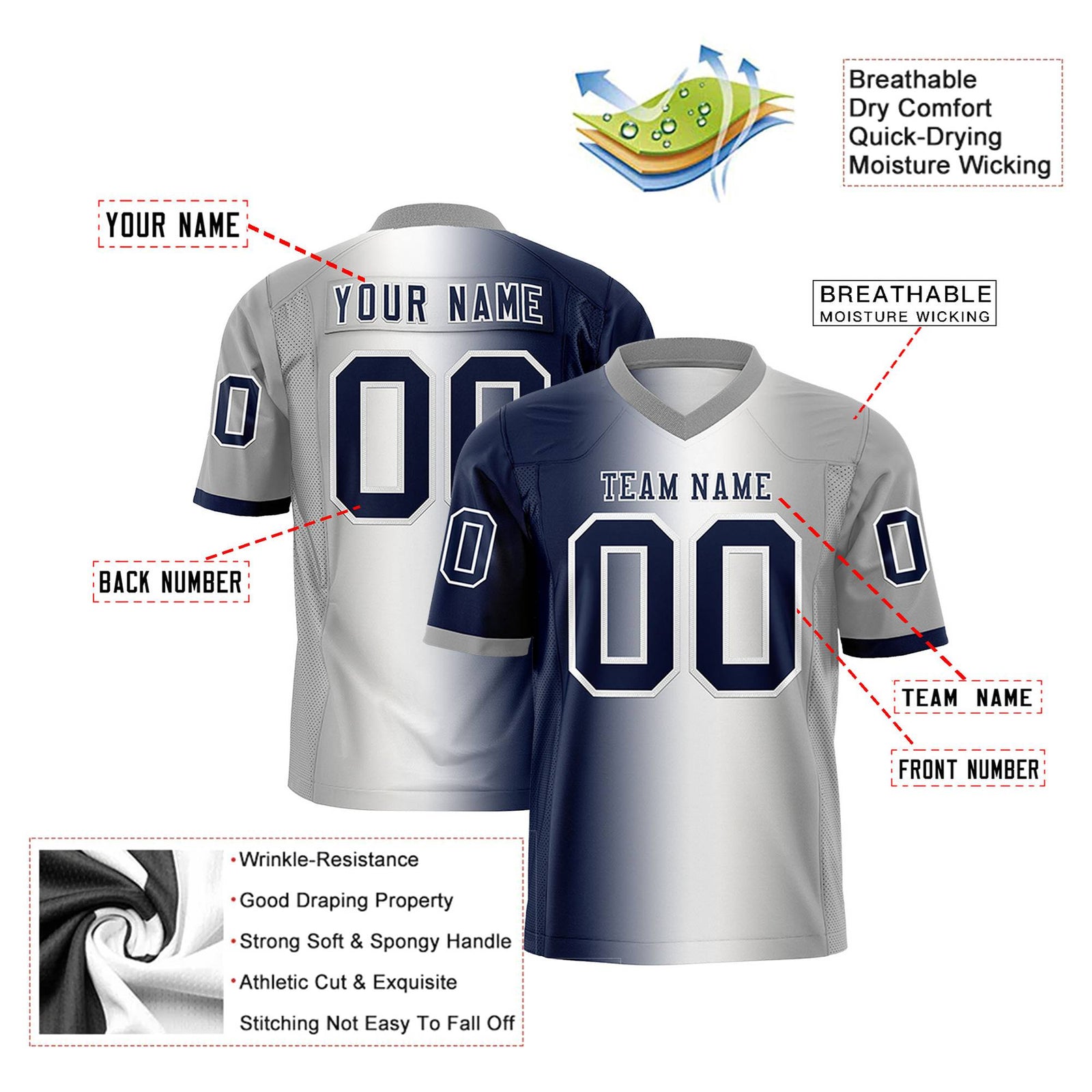 Custom Navy White-Gray Personalized Gradient Fashion Authentic Football Jersey