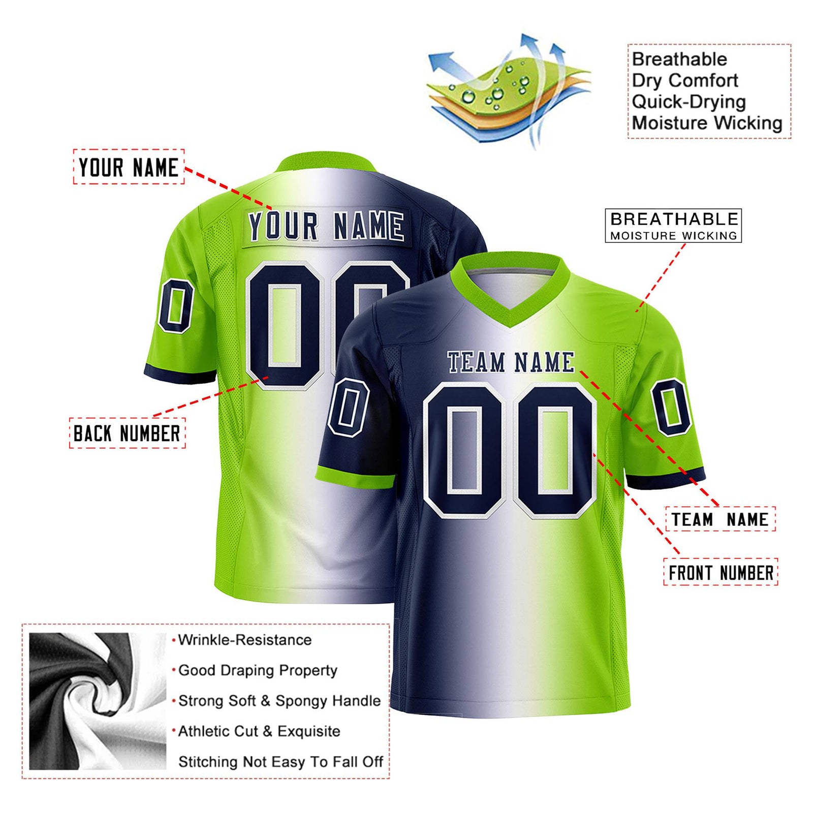 Custom Navy White-Neon Green Personalized Gradient Fashion Authentic Football Jersey