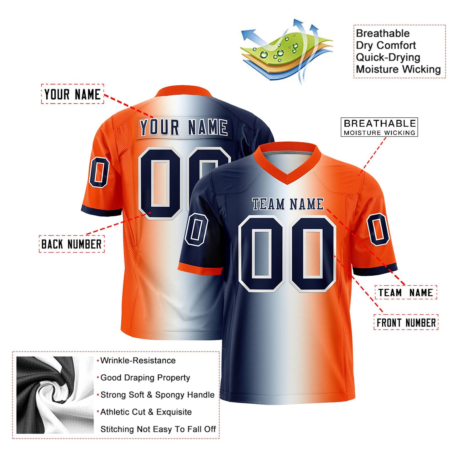 Custom Navy White-Orange Personalized Gradient Fashion Authentic Football Jersey