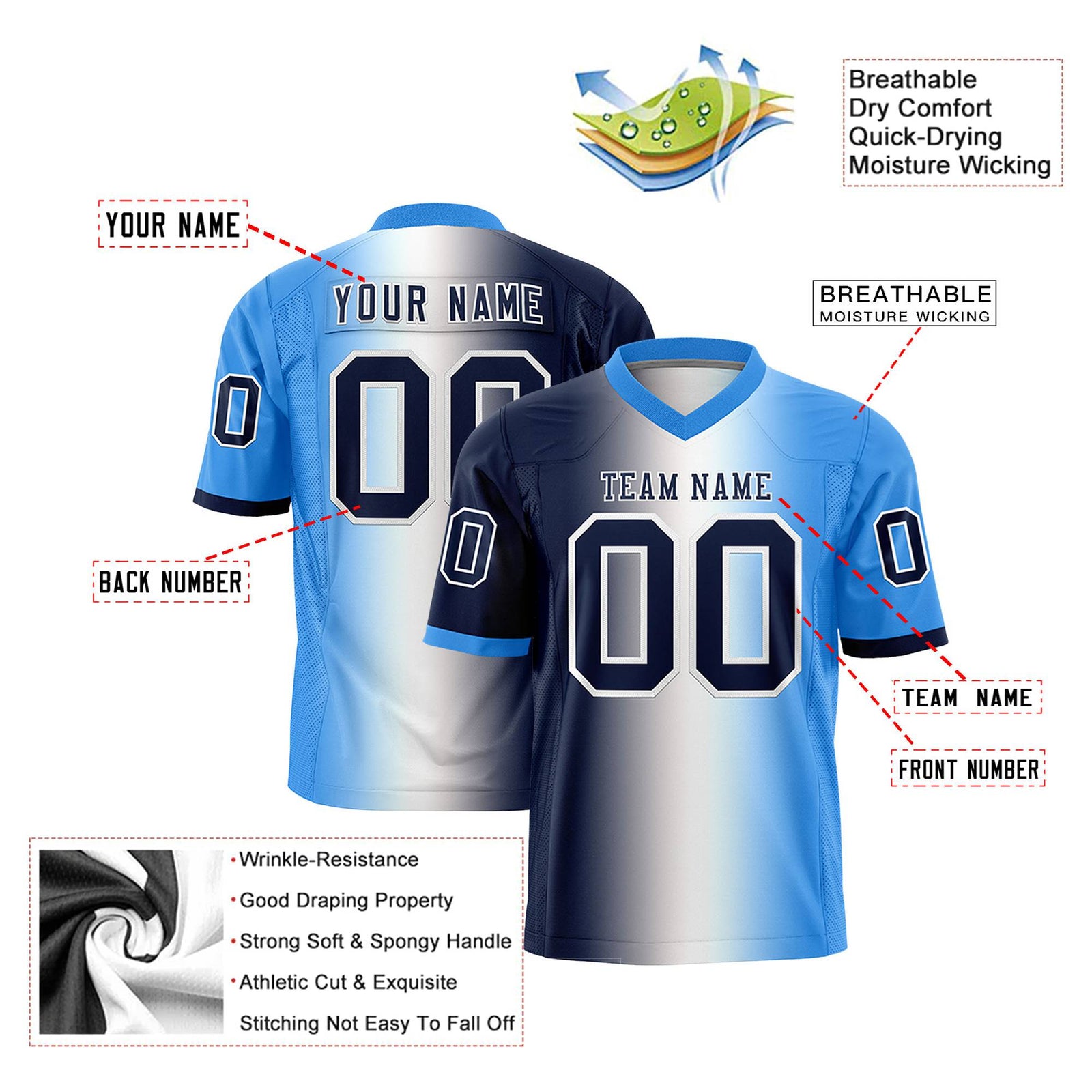 Custom Navy White-Powder Blue Personalized Gradient Fashion Authentic Football Jersey