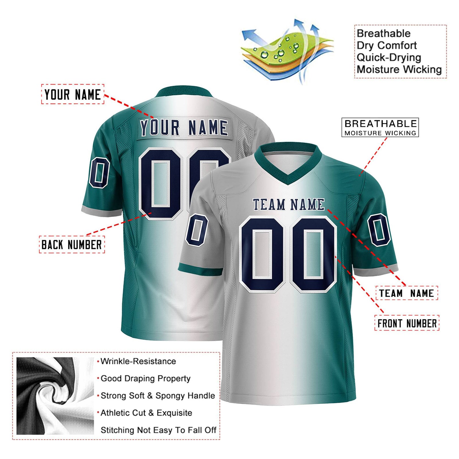 Custom Gray White-Teal Personalized Gradient Fashion Authentic Football Jersey