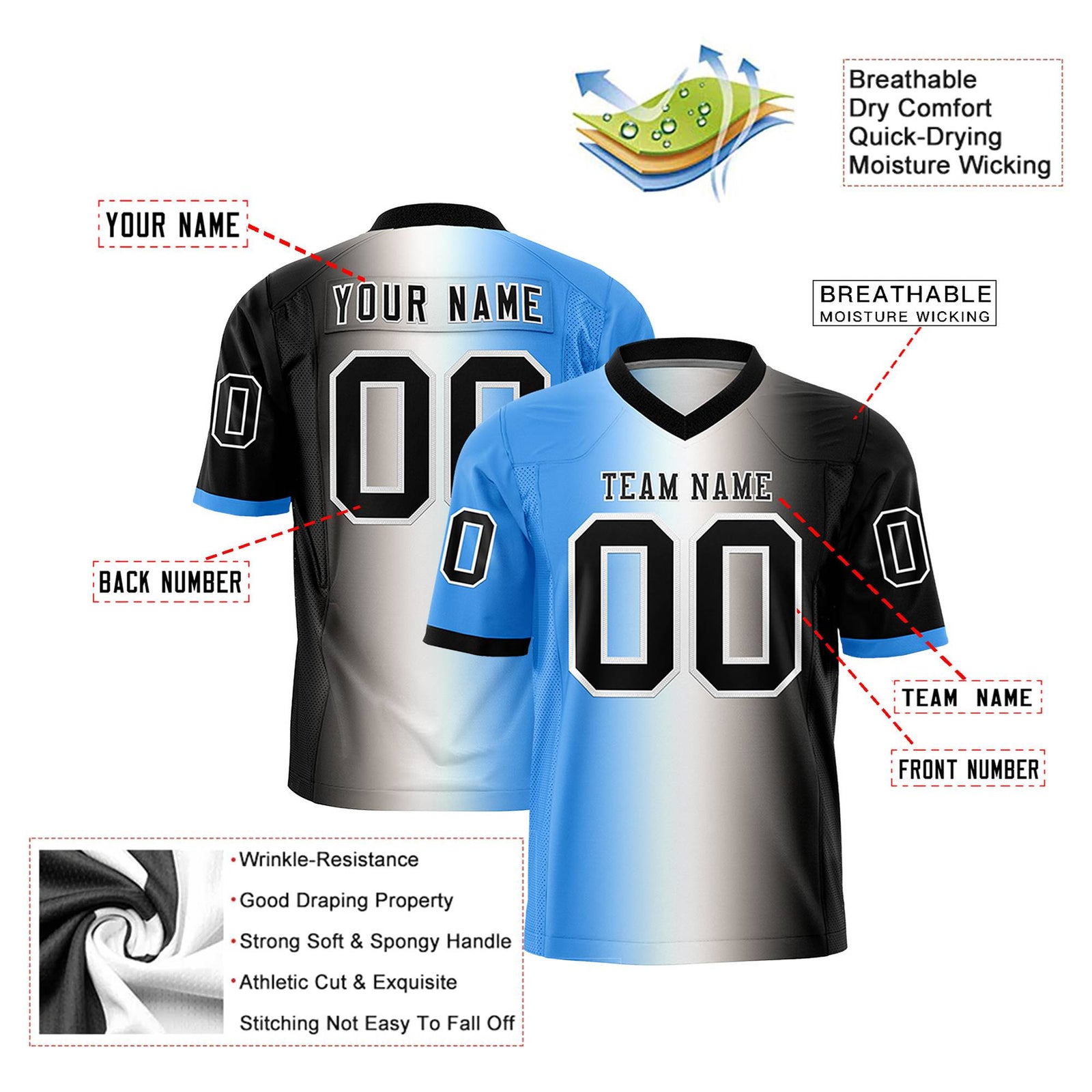 Custom Powder Blue White-Black Personalized Gradient Fashion Authentic Football Jersey