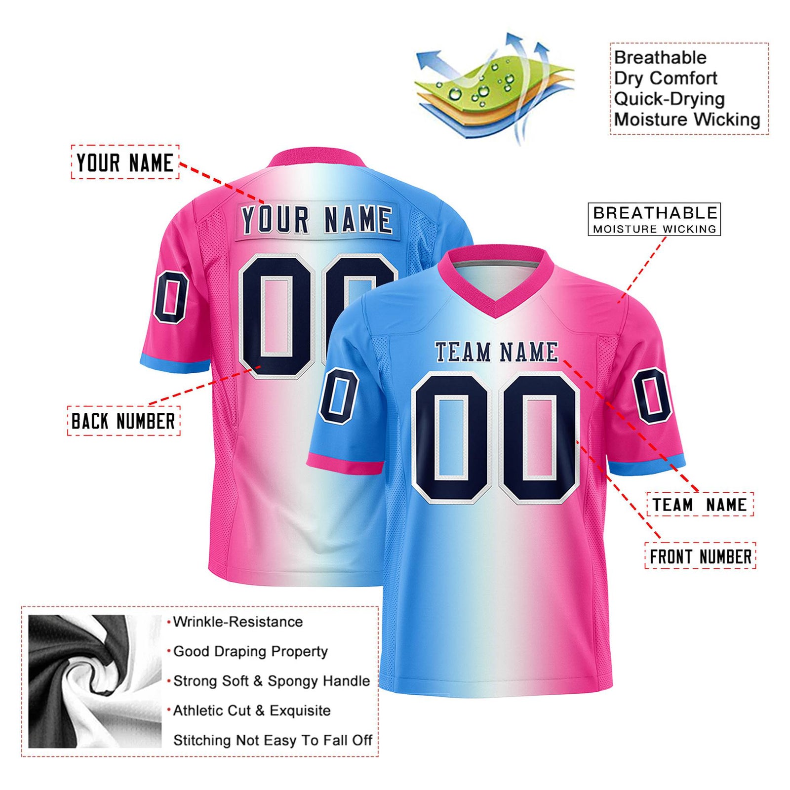 Custom Powder Blue White-Pink Personalized Gradient Fashion Authentic Football Jersey