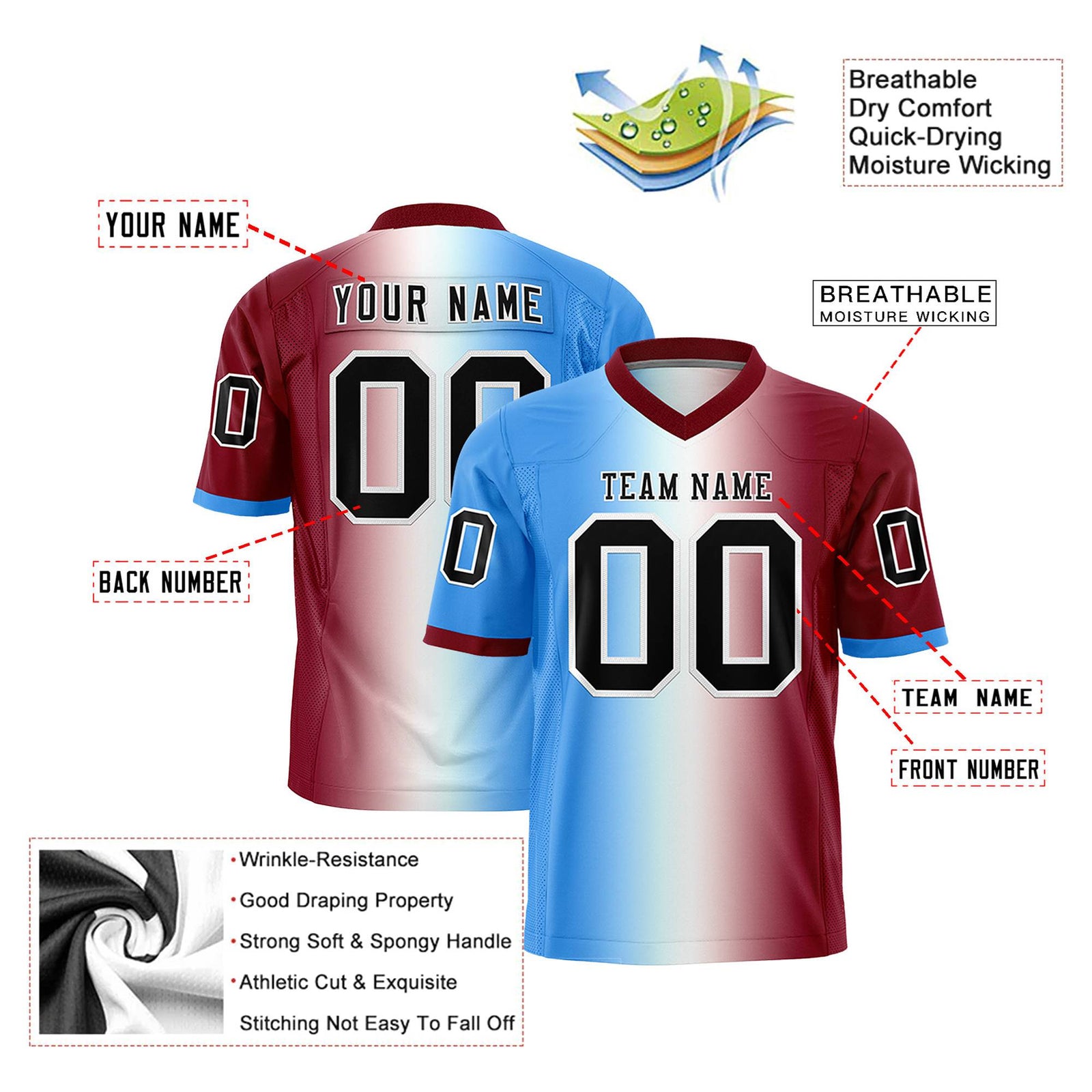 Custom Powder Blue White-Crimson Personalized Gradient Fashion Authentic Football Jersey
