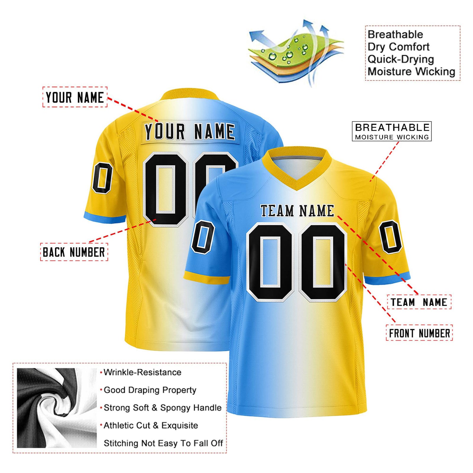Custom Powder Blue White-Gold Personalized Gradient Fashion Authentic Football Jersey