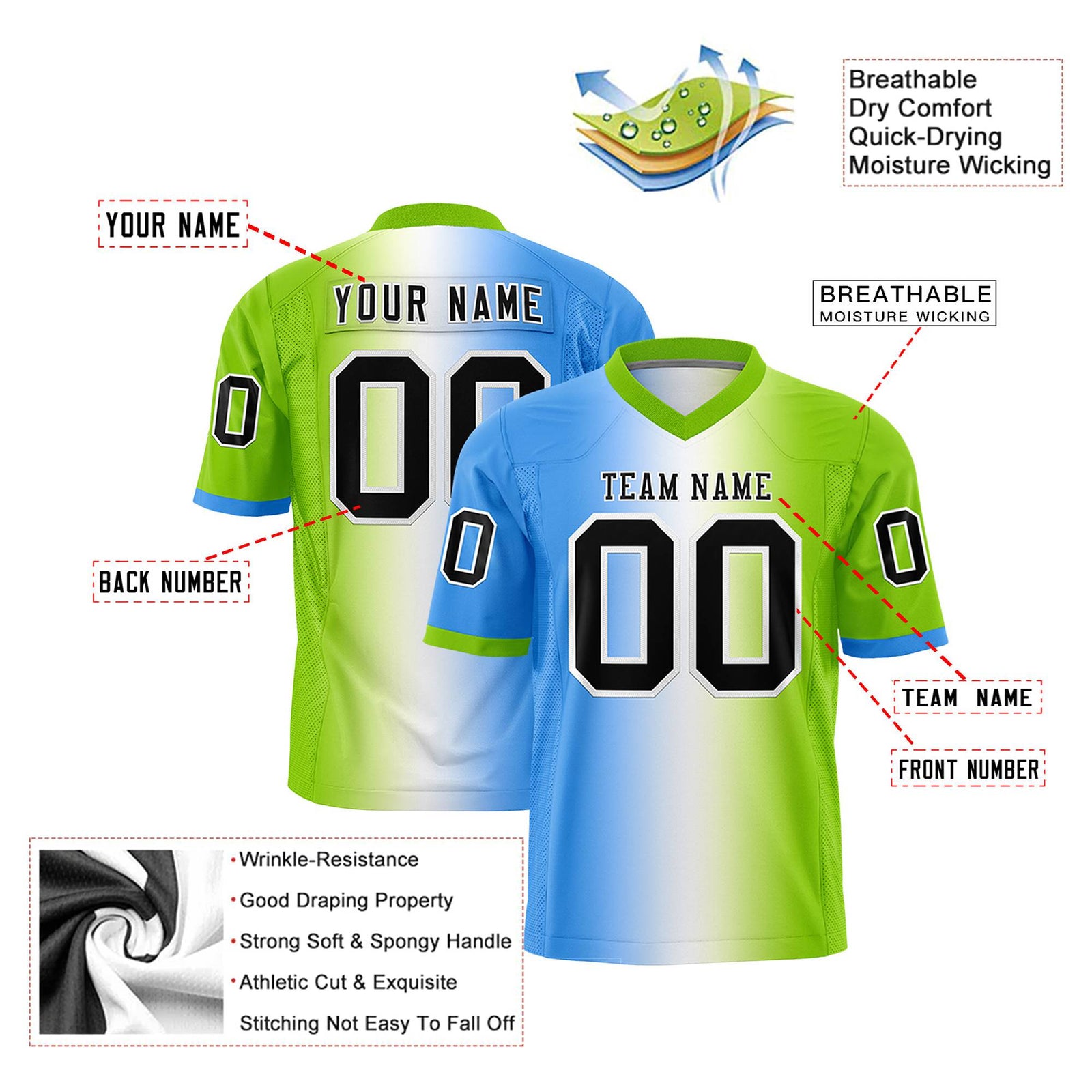 Custom Powder Blue White-Neon Green Personalized Gradient Fashion Authentic Football Jersey