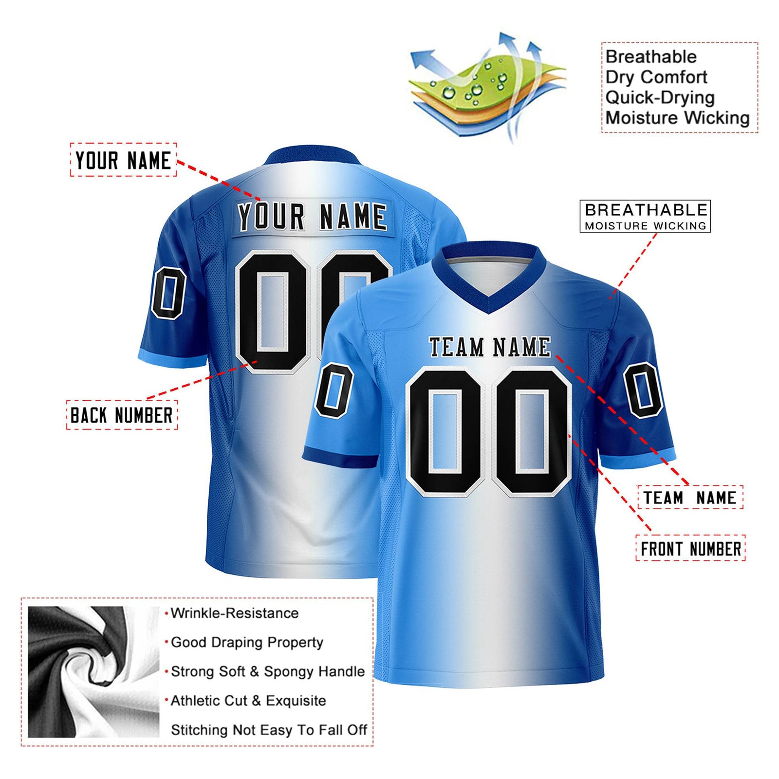 Custom Powder Blue White-Royal Blue Personalized Gradient Fashion Authentic Football Jersey