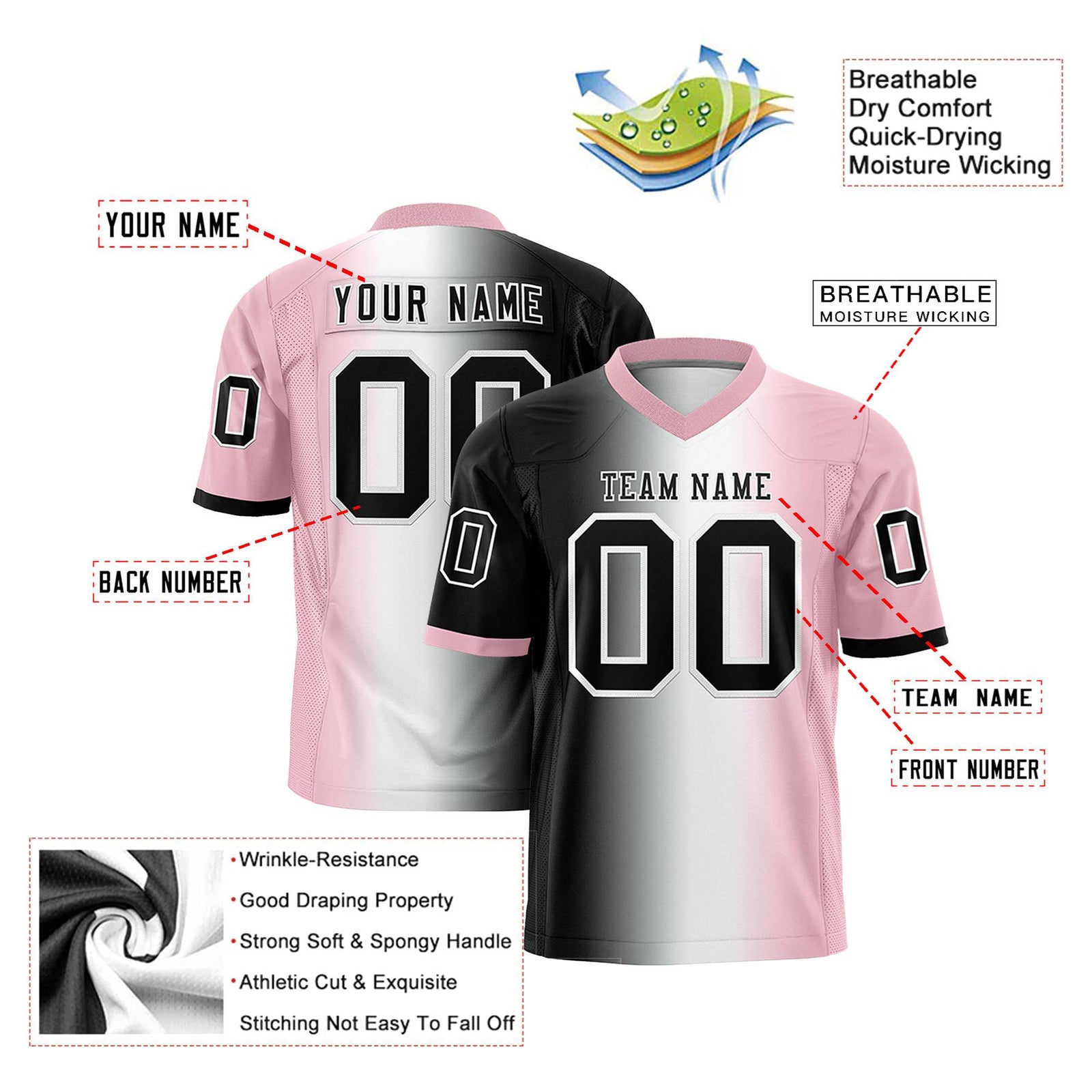 Custom Black White-Light Pink Personalized Gradient Fashion Authentic Football Jersey