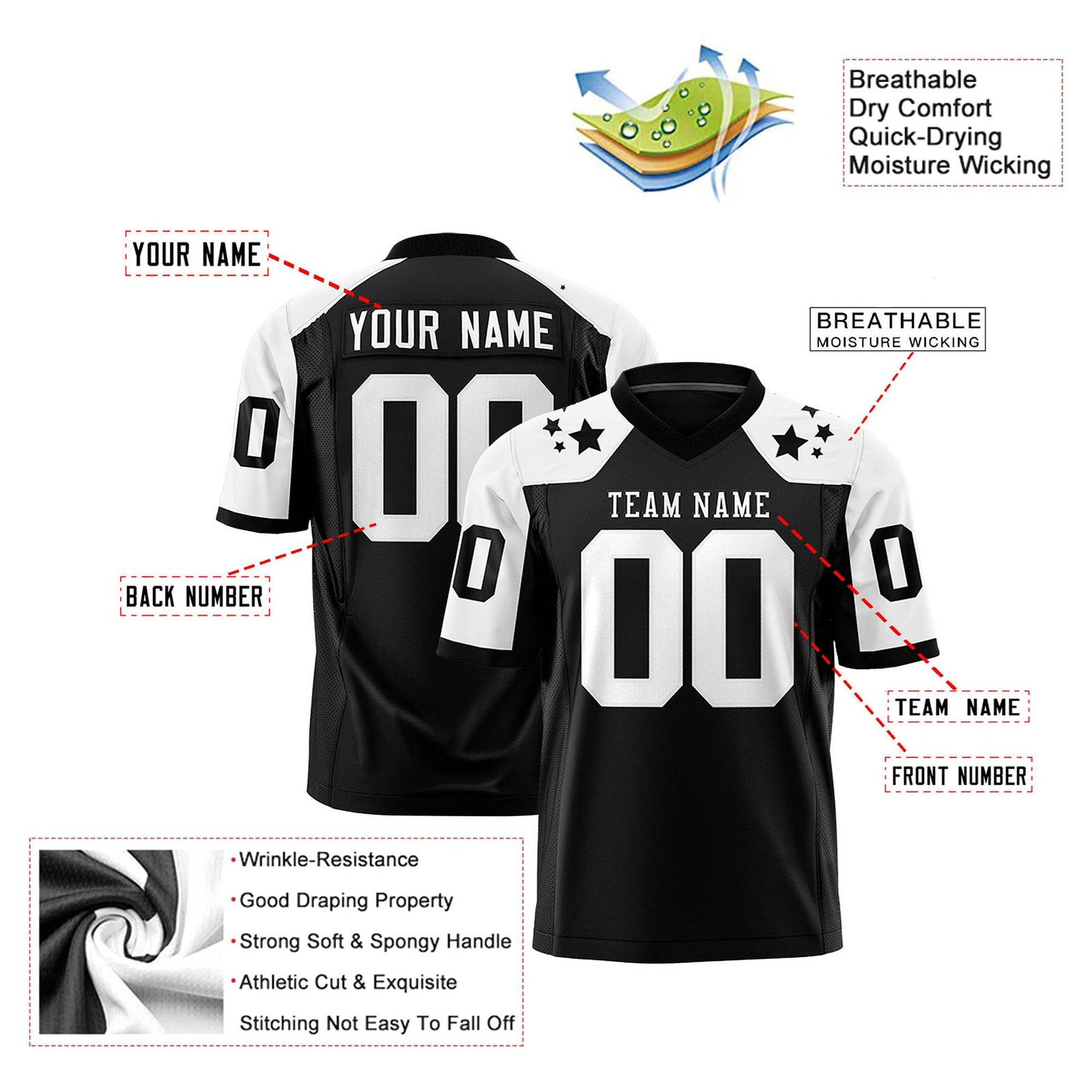 Custom Black White Personalized Shoulder Star Pattern Authentic Football Jersey