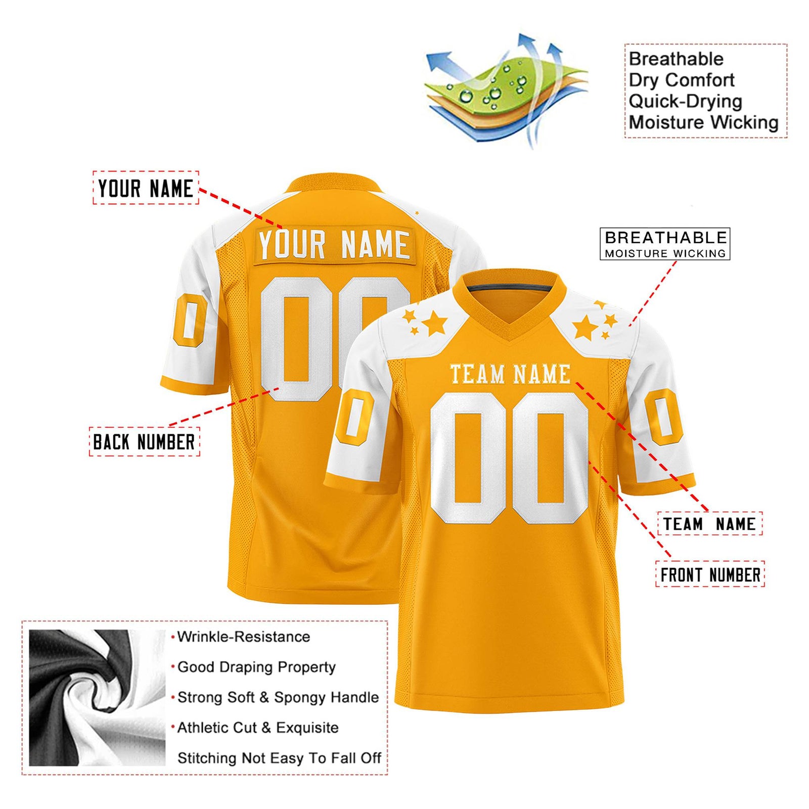 Custom Yellow White Personalized Shoulder Star Pattern Authentic Football Jersey